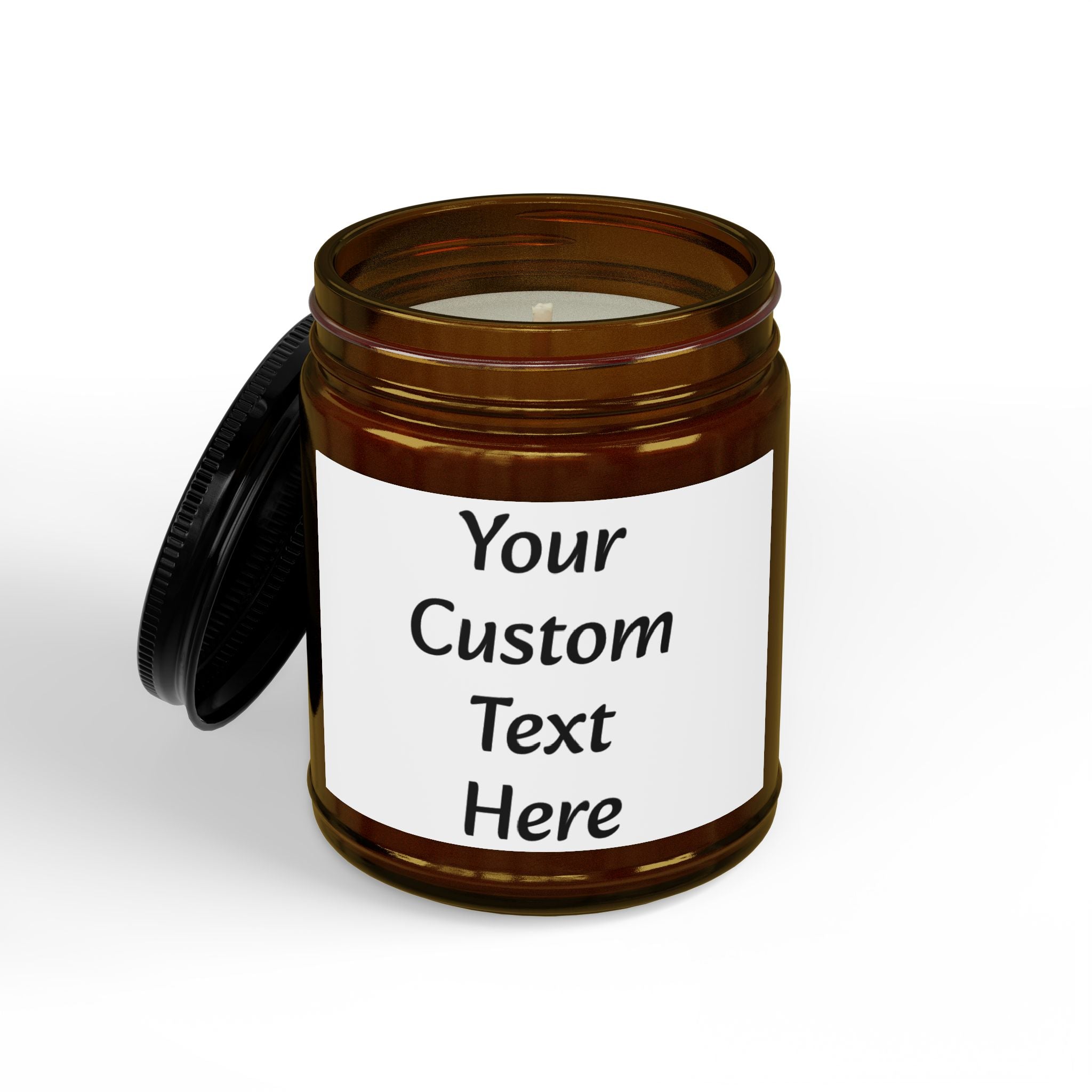 Custom Text Amber Jar Soy Candle 4oz 9oz | Black Lid, Personalized Label