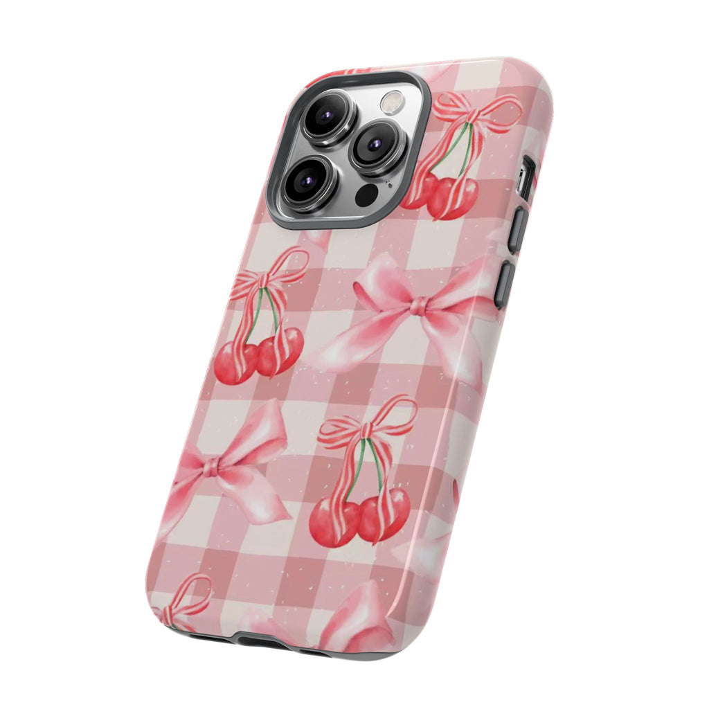 Pink Cherry Bow Phone Case — Cute Gingham Cherry Pattern