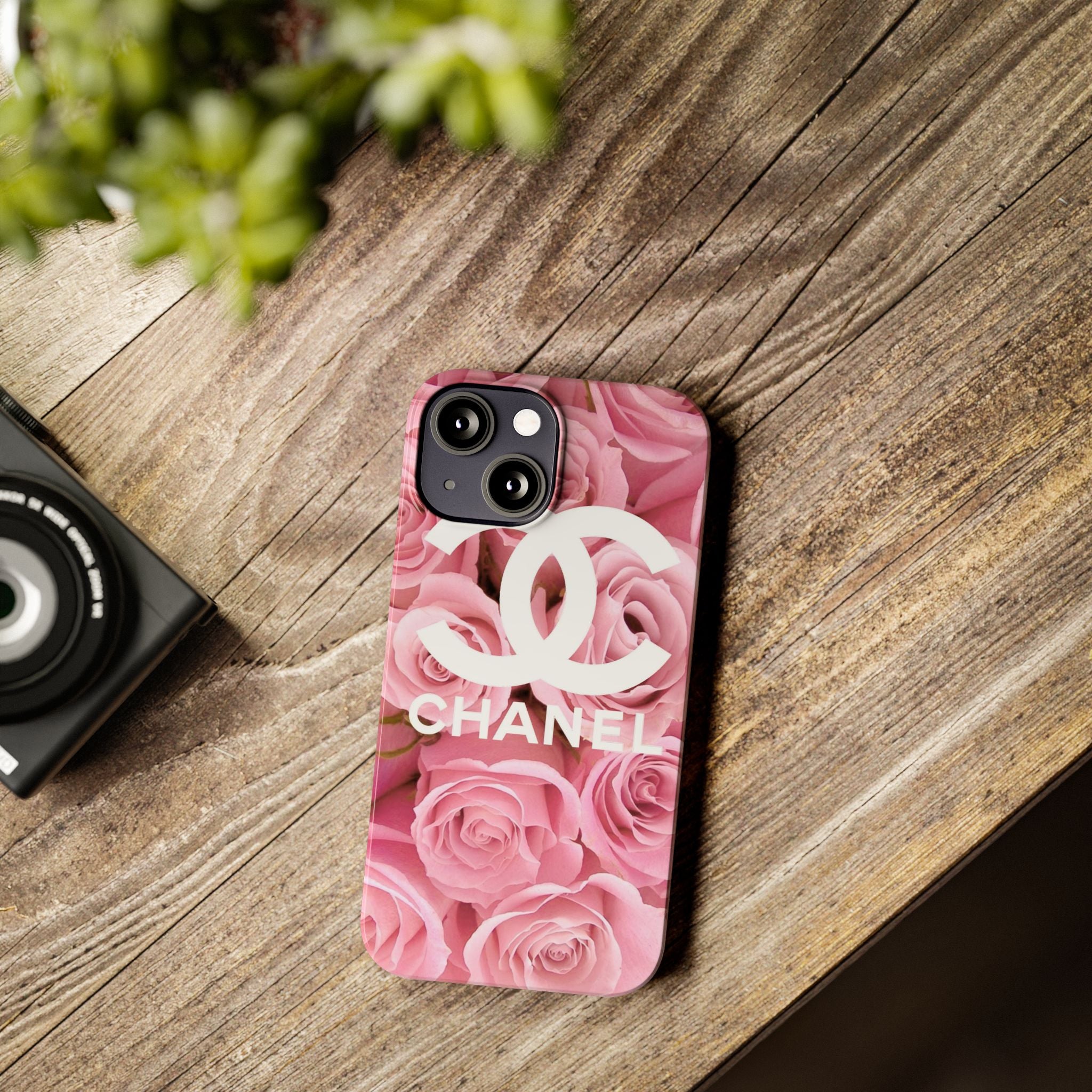 Slim Phone Case — Pink Rose Floral Design with Luxury Logo