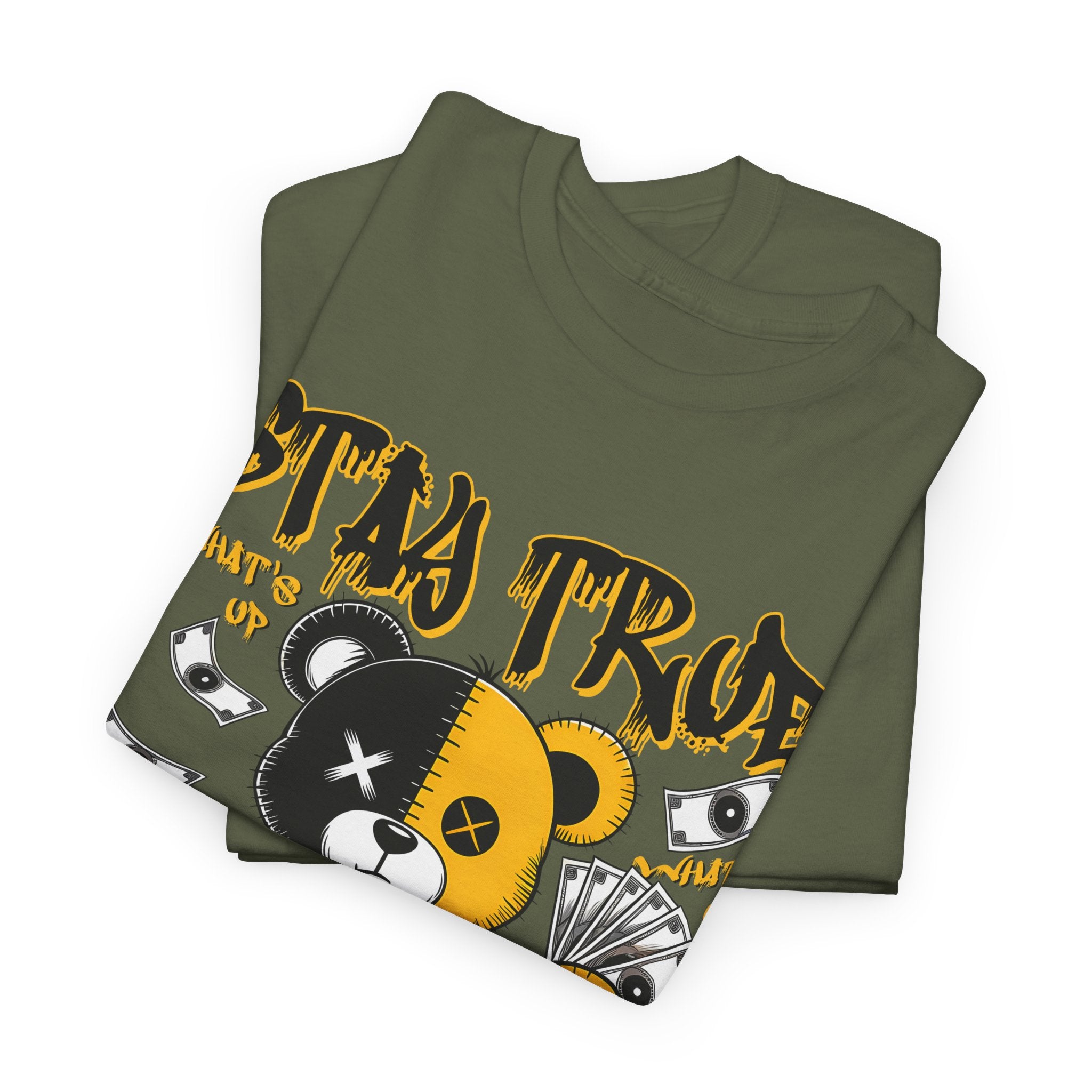 Stay True Bear Graphic Tee — Cute Black & Yellow Money Bear Shirt