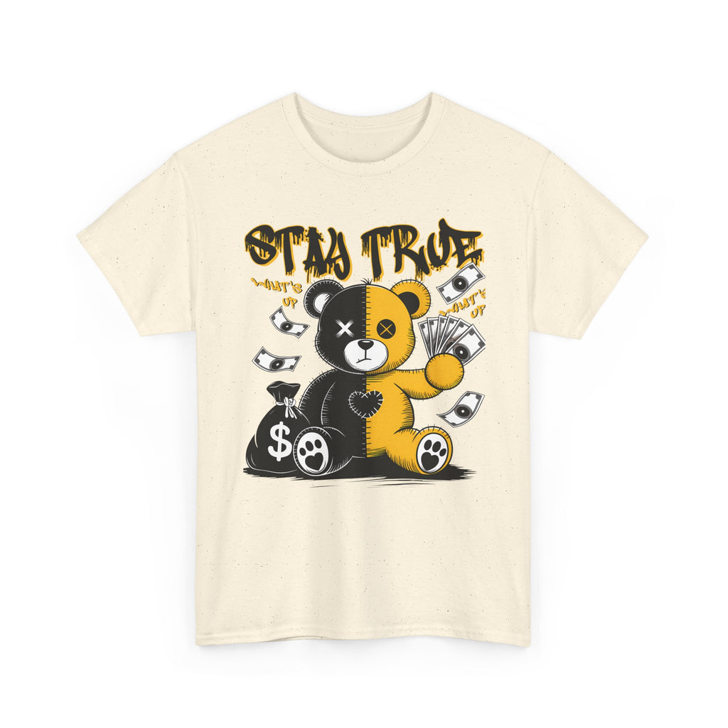 Stay True Bear Graphic Tee — Cute Black & Yellow Money Bear Shirt