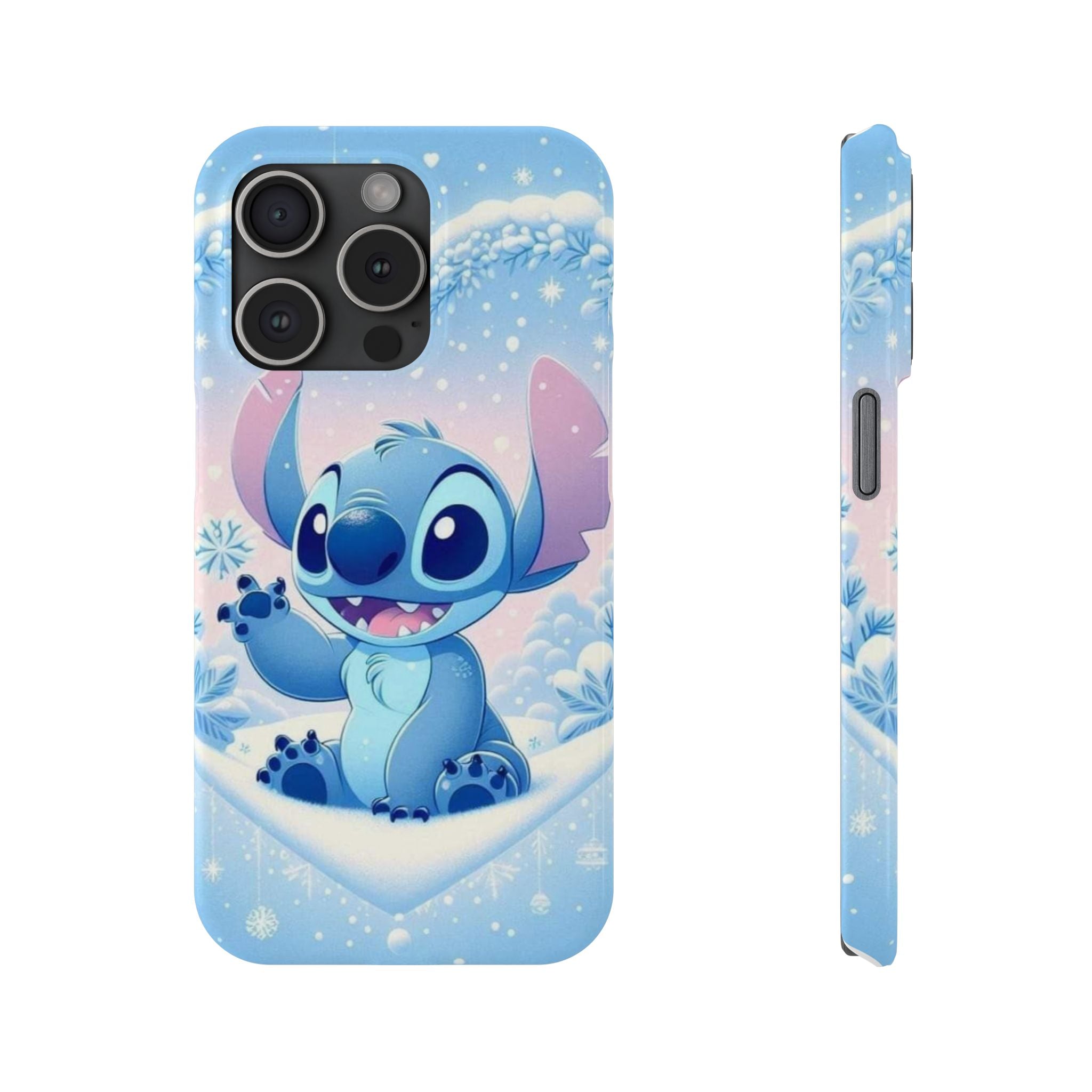 Cute Blue Alien Character Slim Phone Case | Snow Heart Pattern