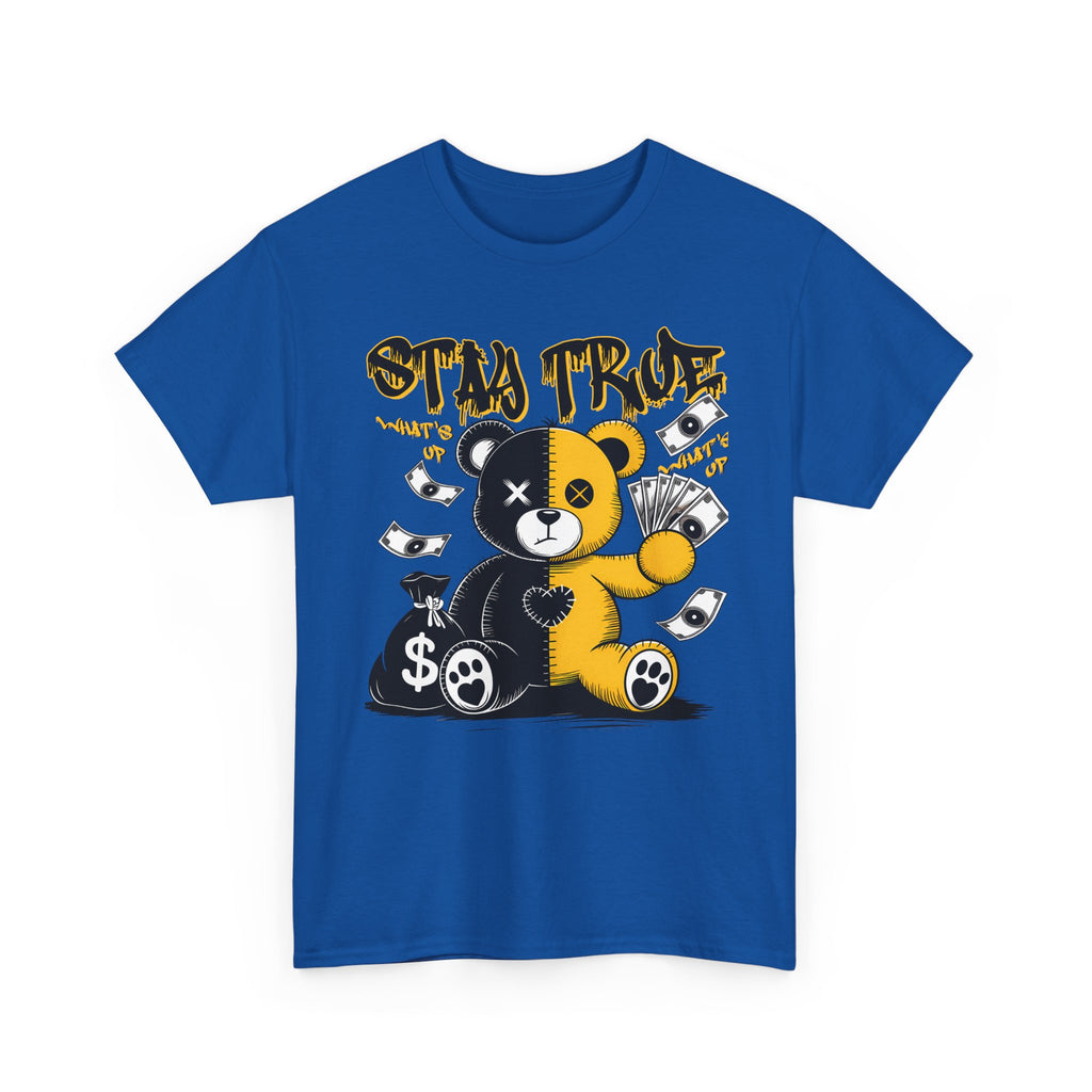 Stay True Bear Graphic Tee — Cute Black & Yellow Money Bear Shirt