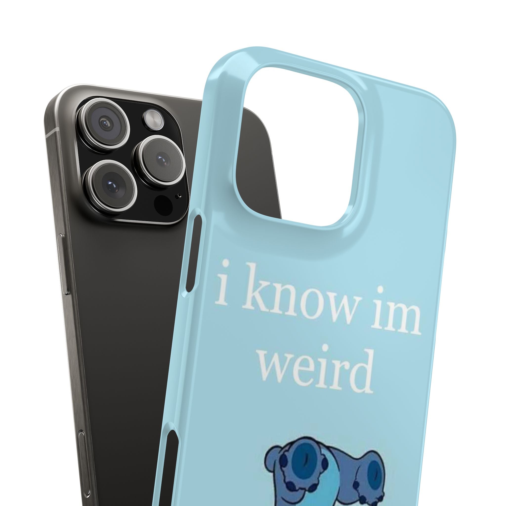 Slim Phone Case — Cute Blue Stitch Illustration with “i know im weird” Text
