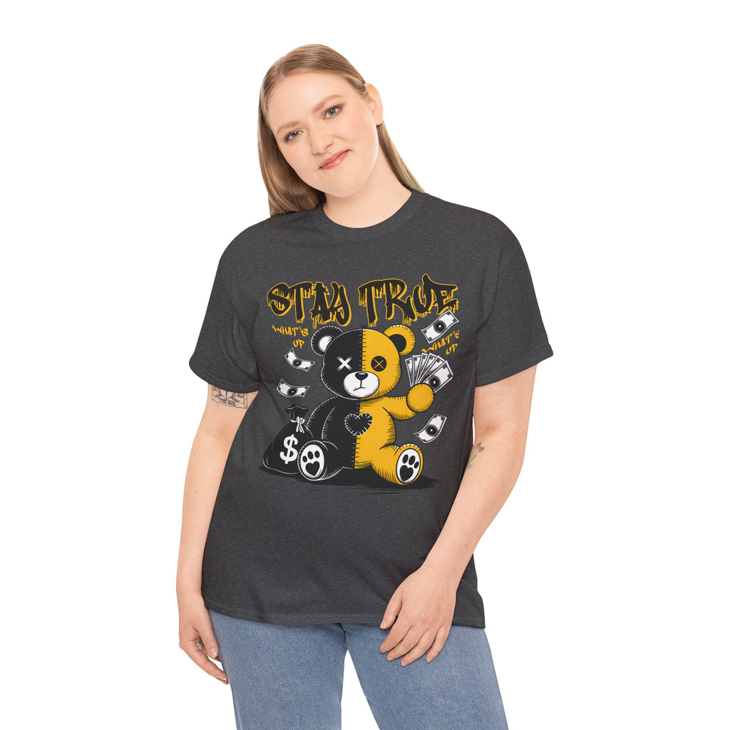 Stay True Bear Graphic Tee — Cute Black & Yellow Money Bear Shirt