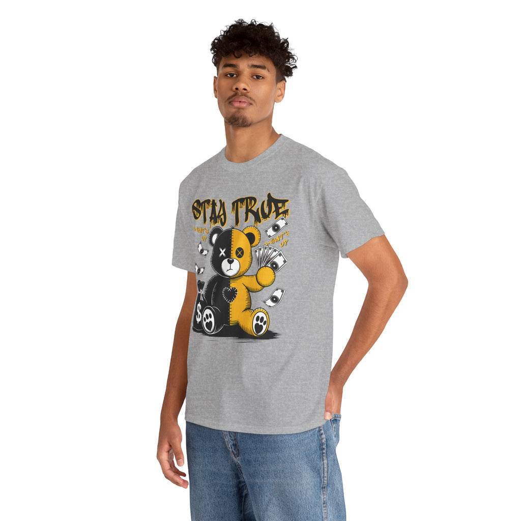 Stay True Bear Graphic Tee — Cute Black & Yellow Money Bear Shirt