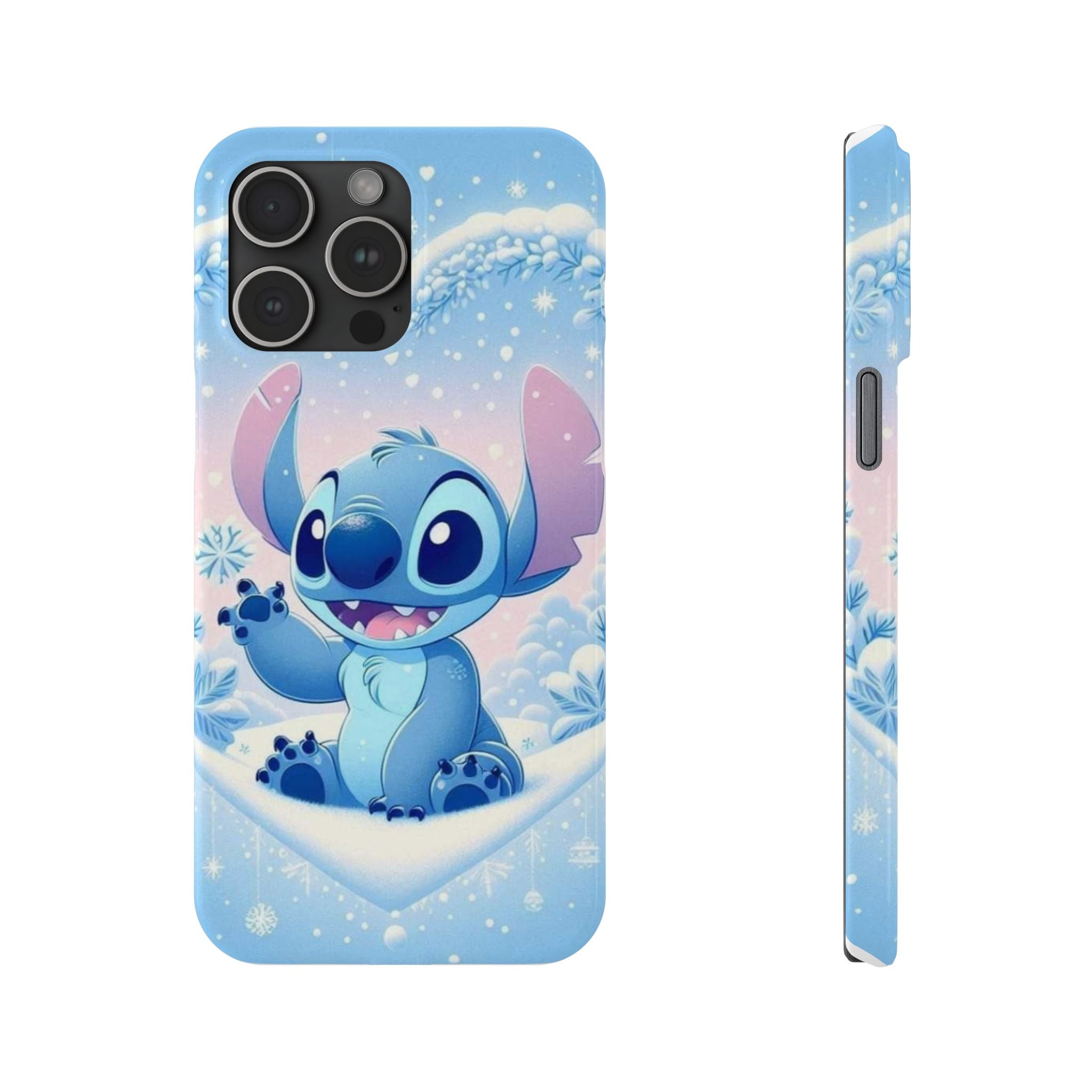 Cute Blue Alien Character Slim Phone Case | Snow Heart Pattern