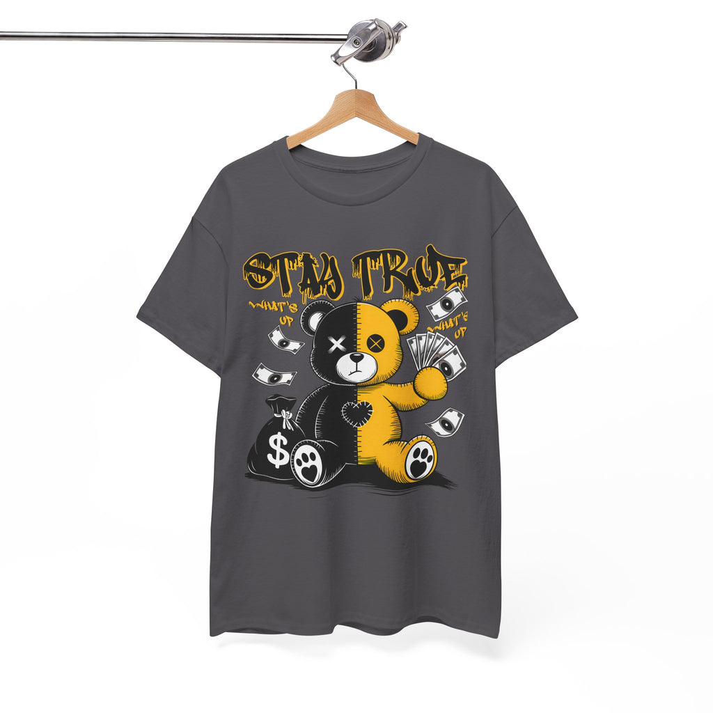 Stay True Bear Graphic Tee — Cute Black & Yellow Money Bear Shirt