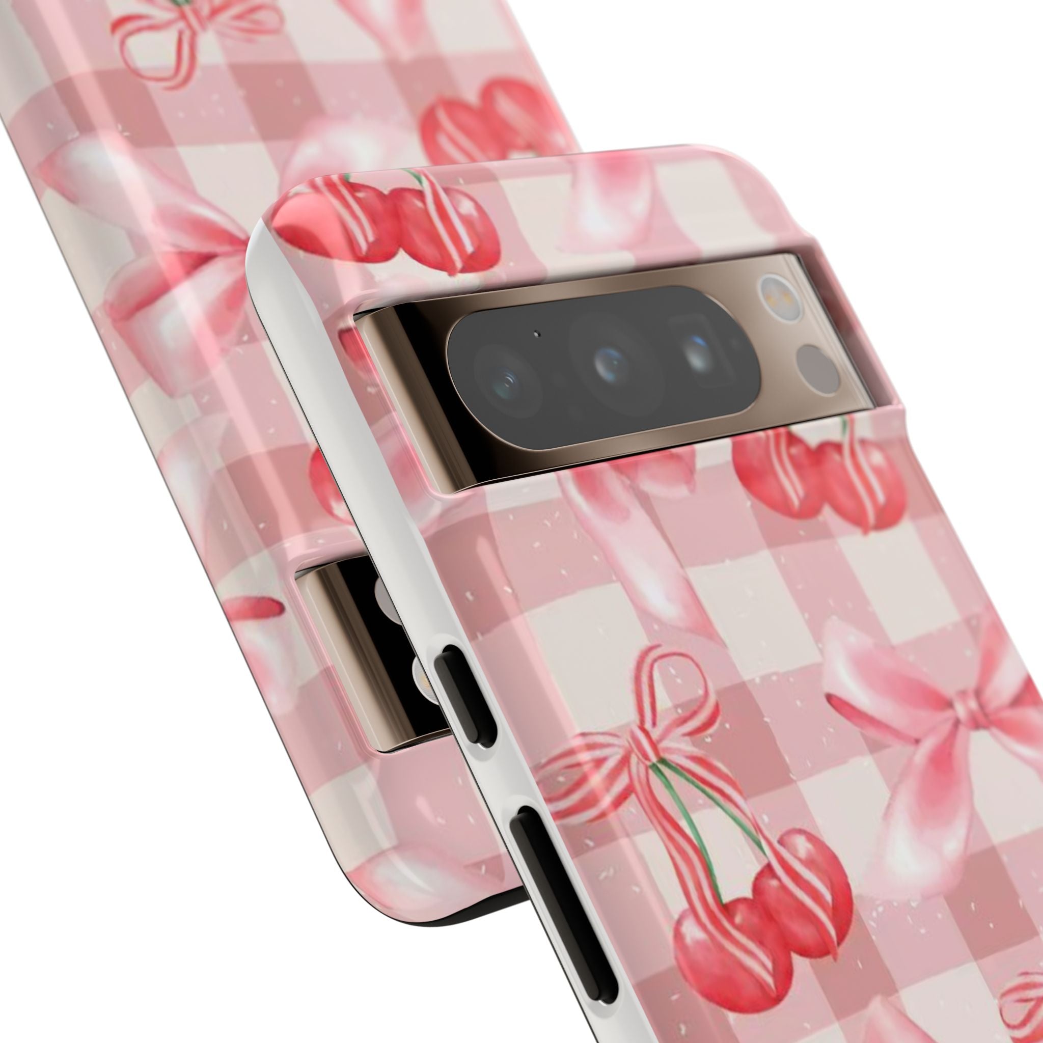Pink Cherry Bow Phone Case — Cute Gingham Cherry Pattern