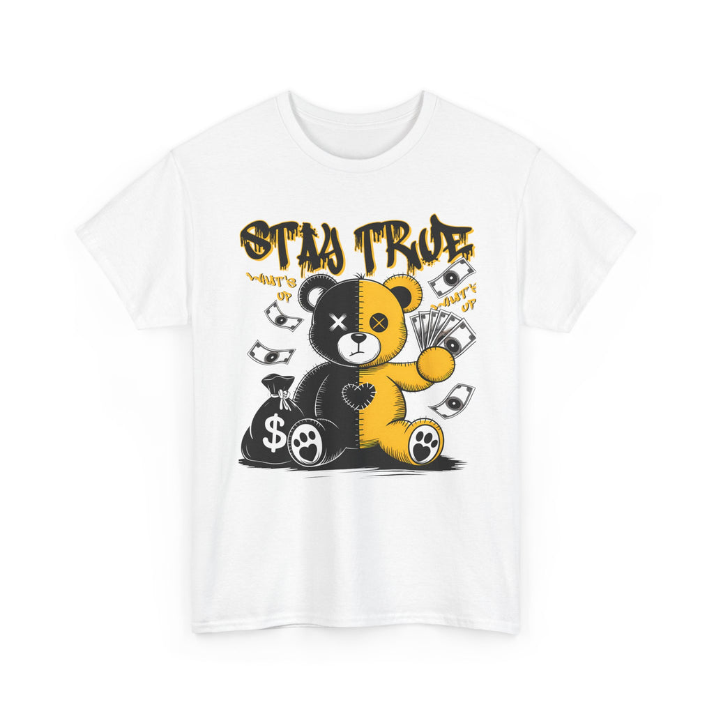 Stay True Bear Graphic Tee — Cute Black & Yellow Money Bear Shirt