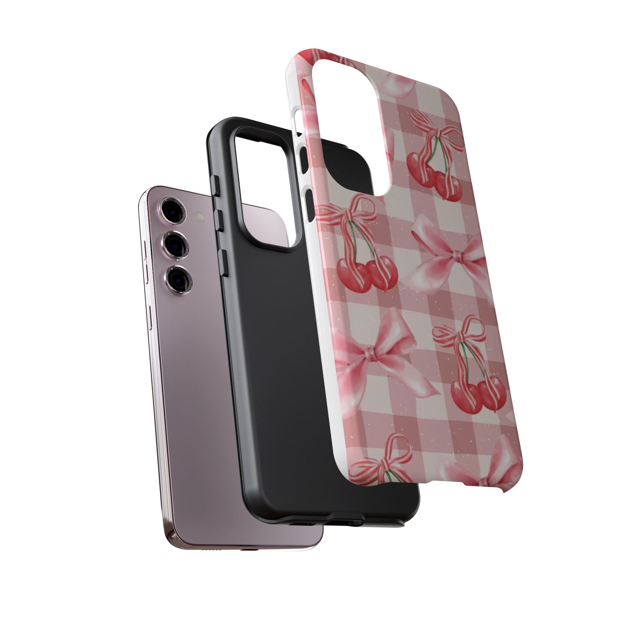 Pink Cherry Bow Phone Case — Cute Gingham Cherry Pattern