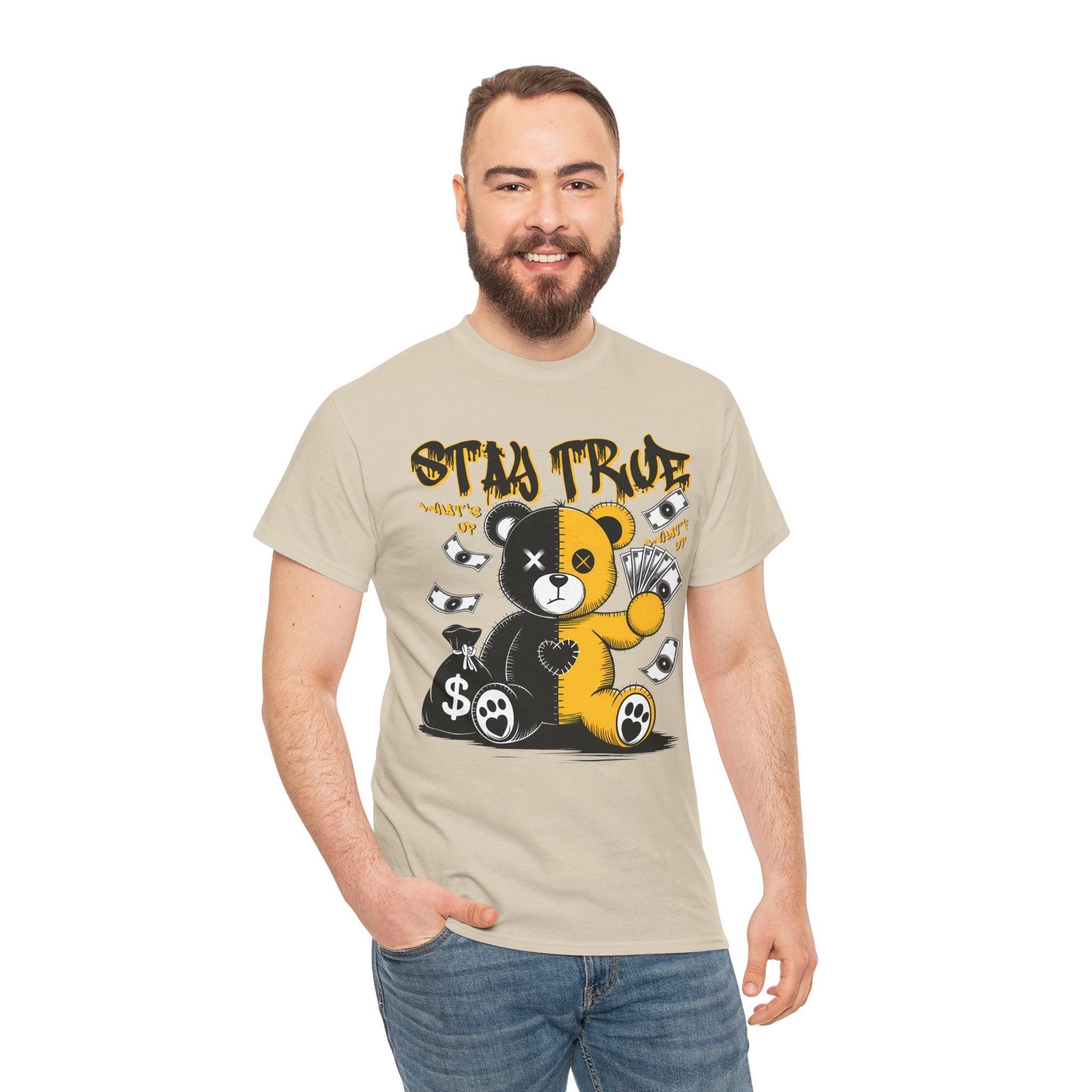 Stay True Bear Graphic Tee — Cute Black & Yellow Money Bear Shirt