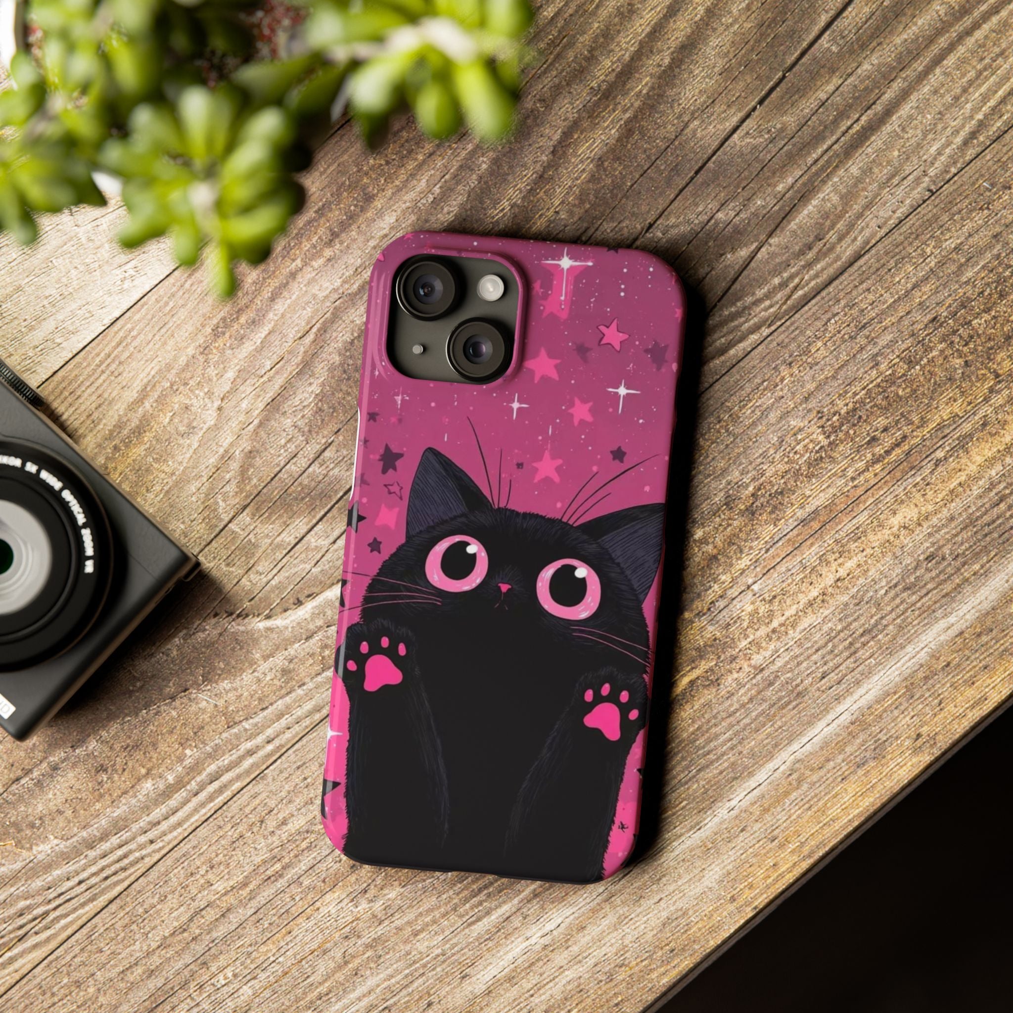 Cute Black Cat with Pink Paws Slim Phone Case | Starry Background