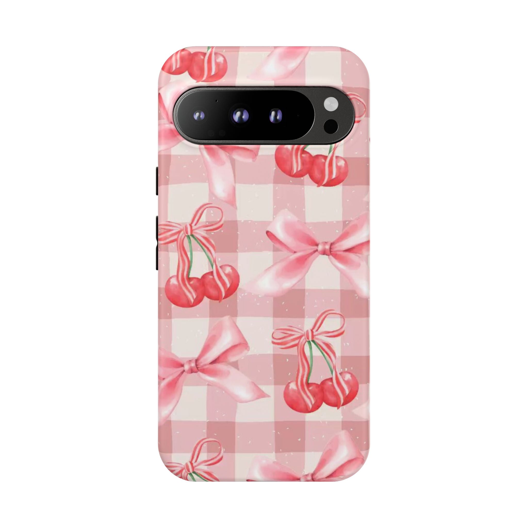 Pink Cherry Bow Phone Case — Cute Gingham Cherry Pattern
