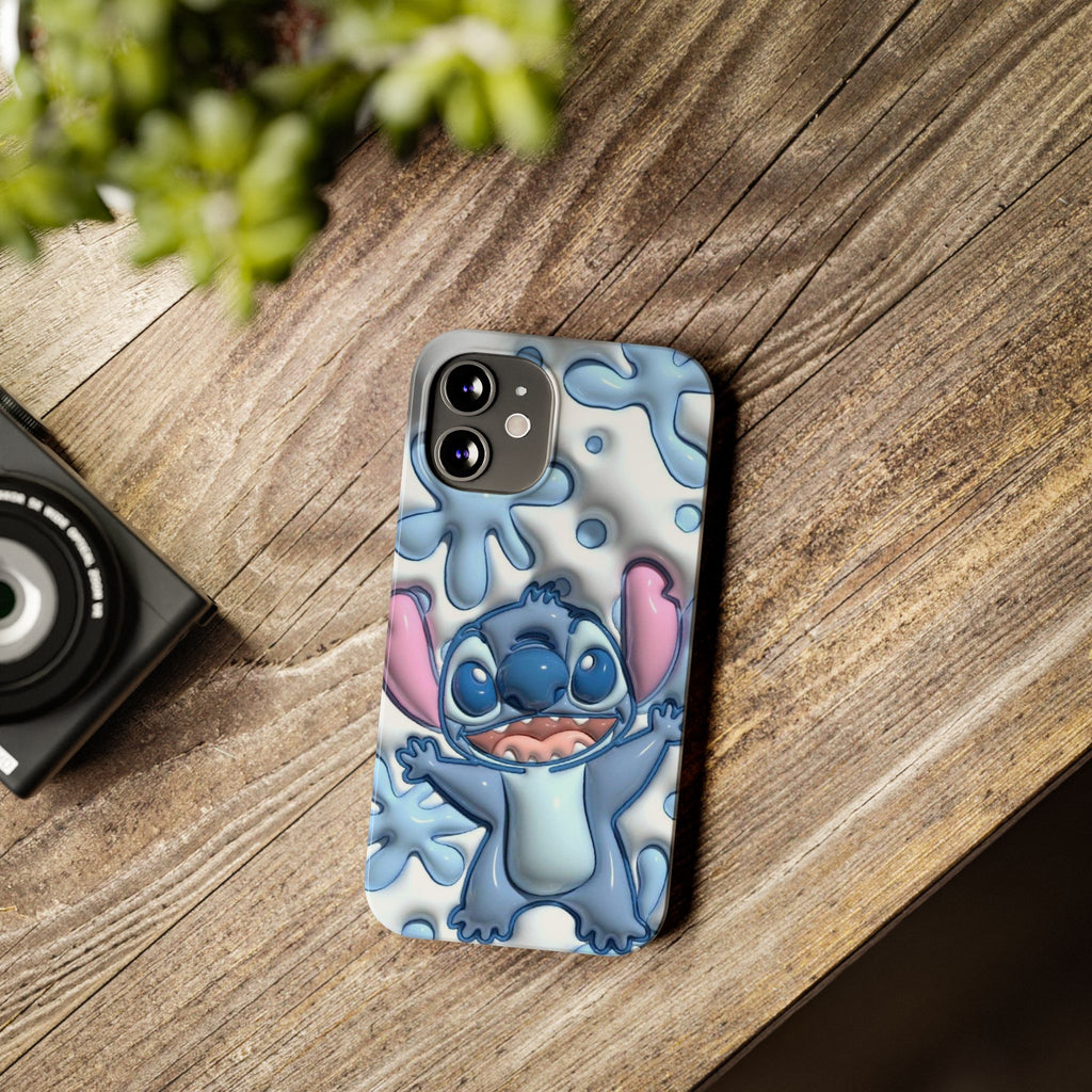 Cute Stitch Slim Phone Case – Blue Splash Cartoon Phone Cover