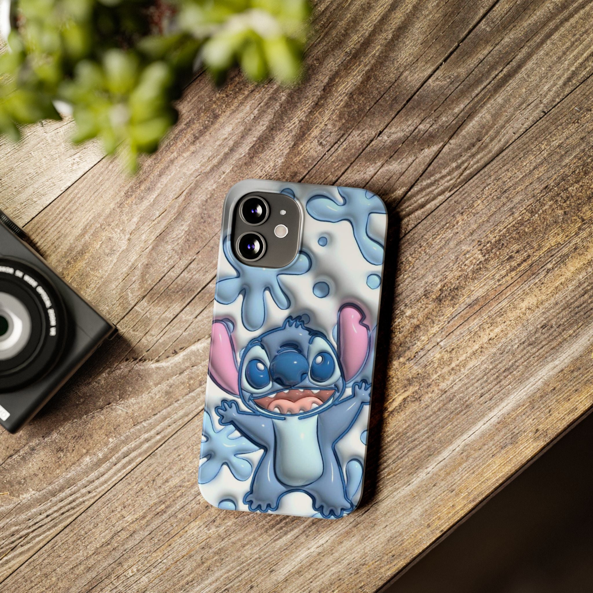 Cute Stitch Slim Phone Case – Blue Splash Cartoon Phone Cover