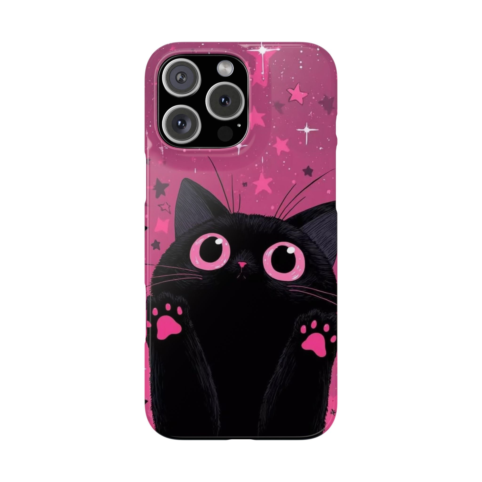 Cute Black Cat with Pink Paws Slim Phone Case | Starry Background