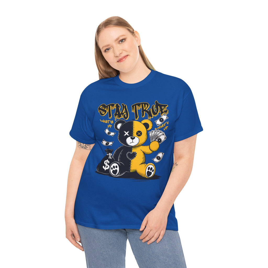 Stay True Bear Graphic Tee — Cute Black & Yellow Money Bear Shirt