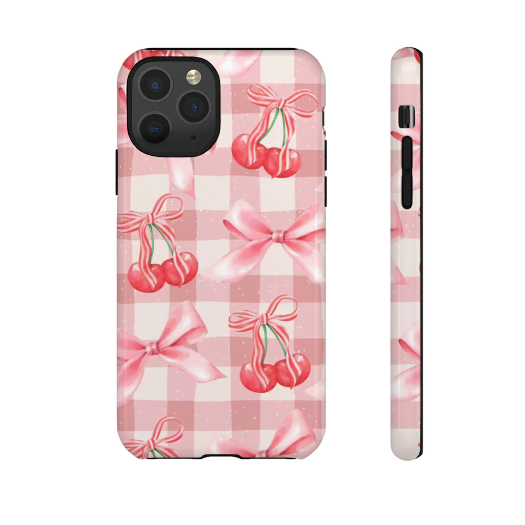 Pink Cherry Bow Phone Case — Cute Gingham Cherry Pattern