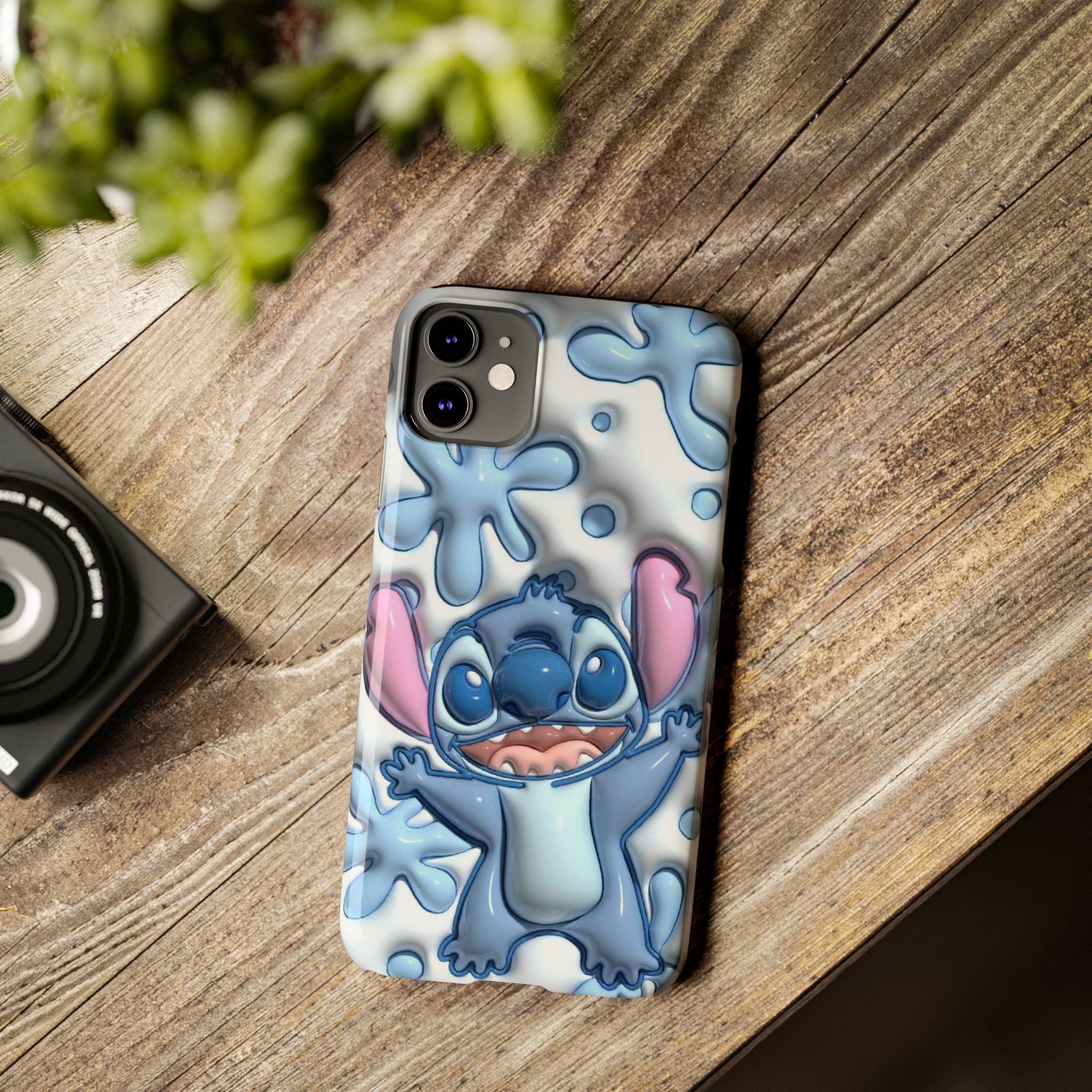 Cute Stitch Slim Phone Case – Blue Splash Cartoon Phone Cover