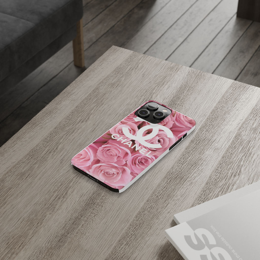 Slim Phone Case — Pink Rose Floral Design with Luxury Logo