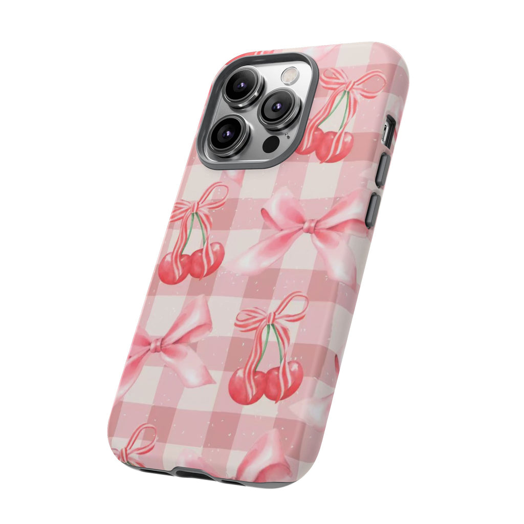 Pink Cherry Bow Phone Case — Cute Gingham Cherry Pattern