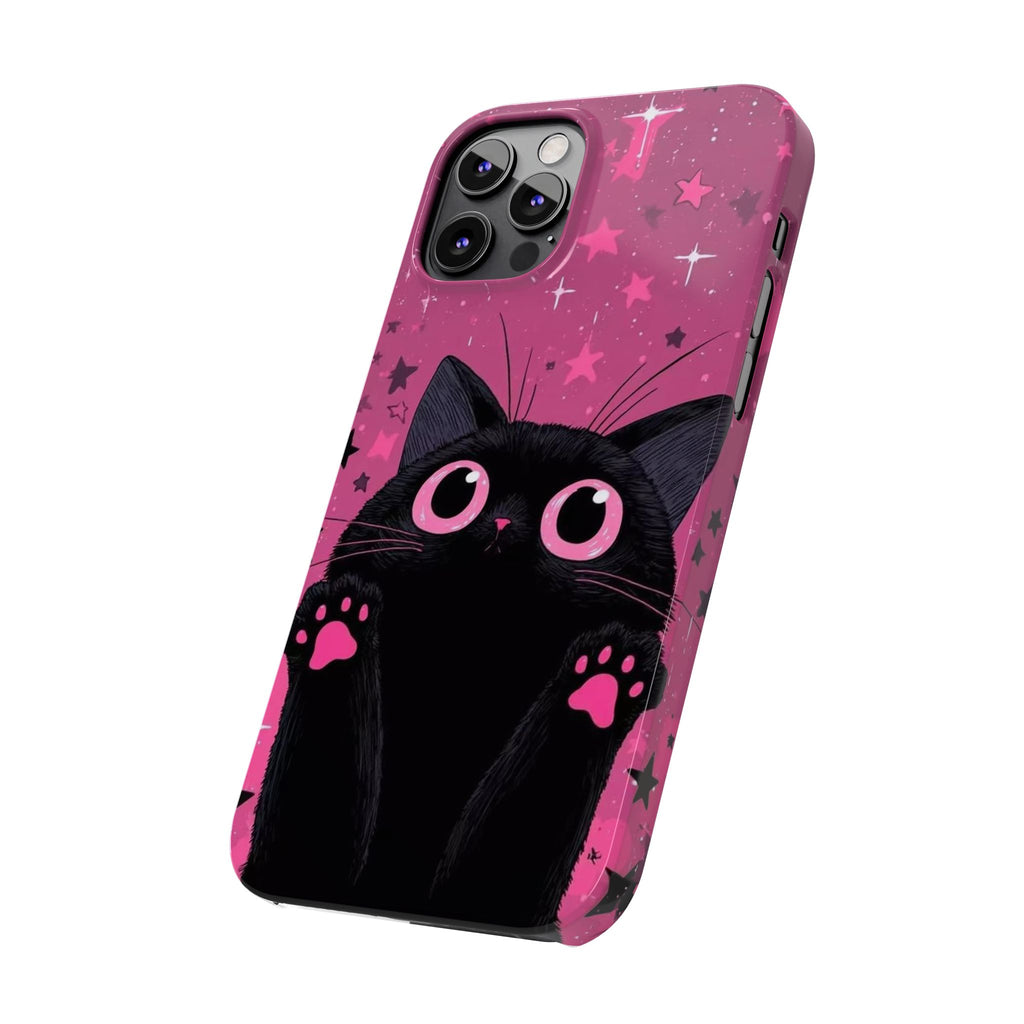 Cute Black Cat with Pink Paws Slim Phone Case | Starry Background