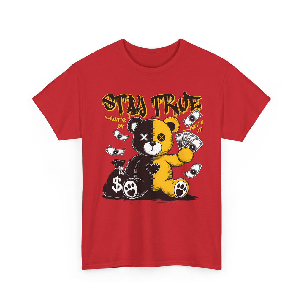 Stay True Bear Graphic Tee — Cute Black & Yellow Money Bear Shirt