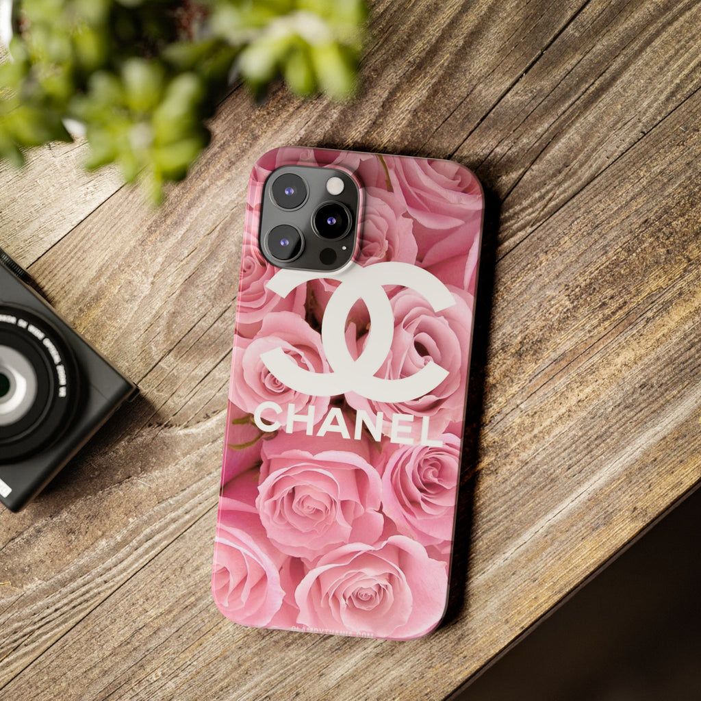 Slim Phone Case — Pink Rose Floral Design with Luxury Logo