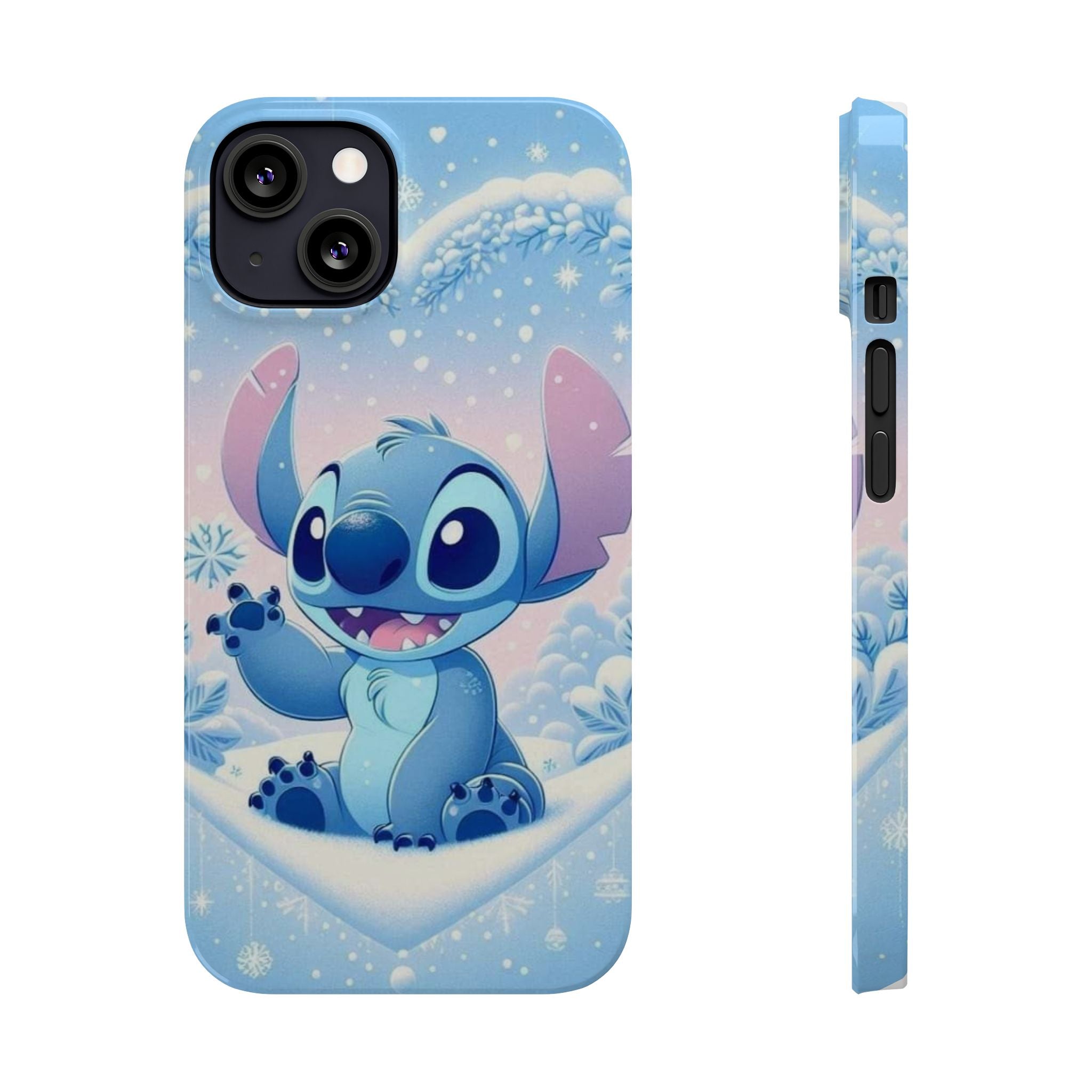 Cute Blue Alien Character Slim Phone Case | Snow Heart Pattern