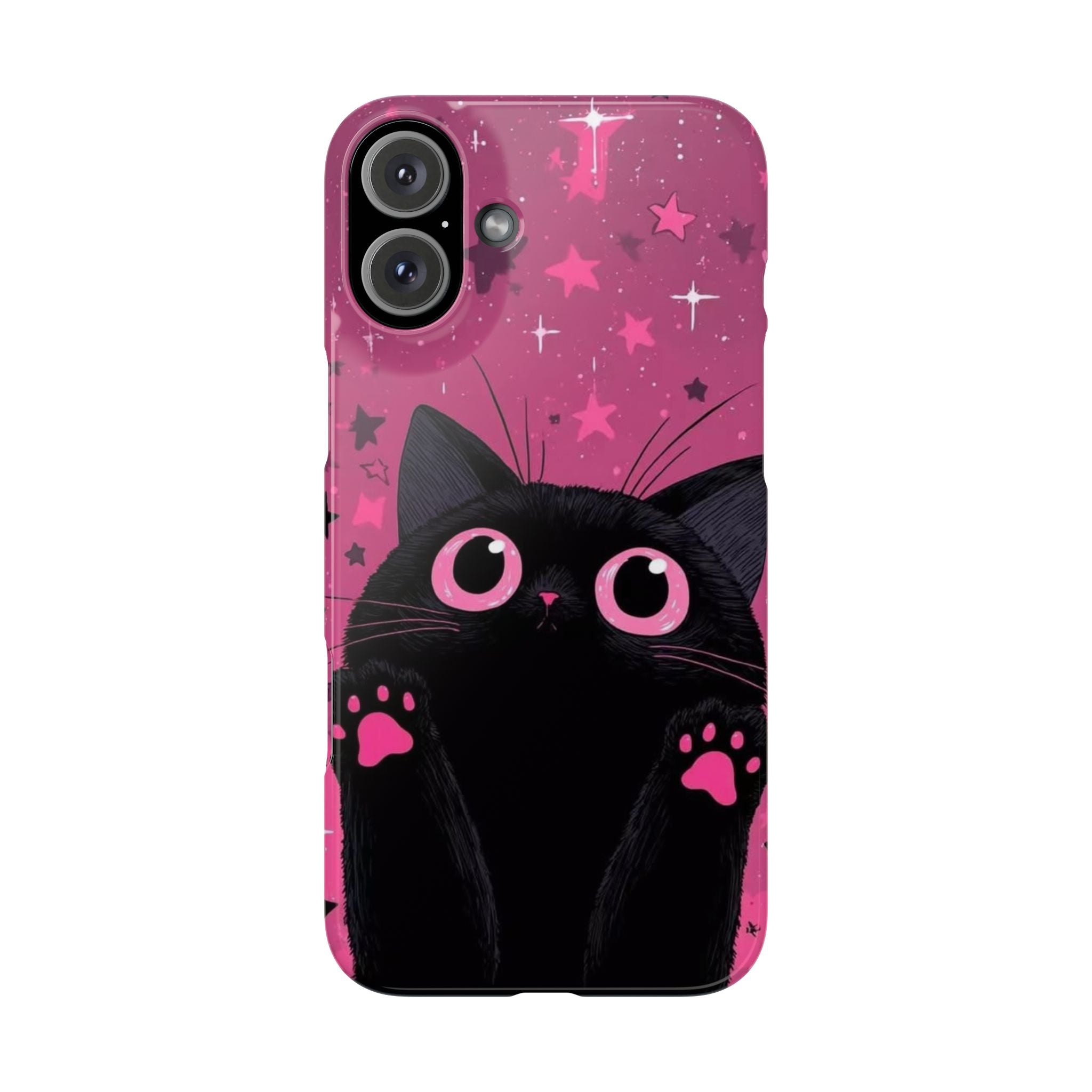 Cute Black Cat with Pink Paws Slim Phone Case | Starry Background
