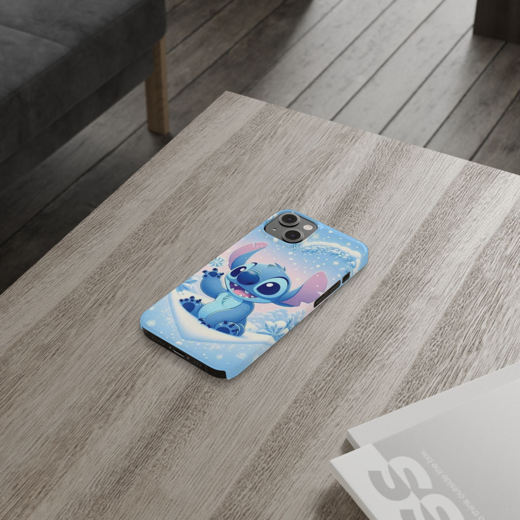 Cute Blue Alien Character Slim Phone Case | Snow Heart Pattern