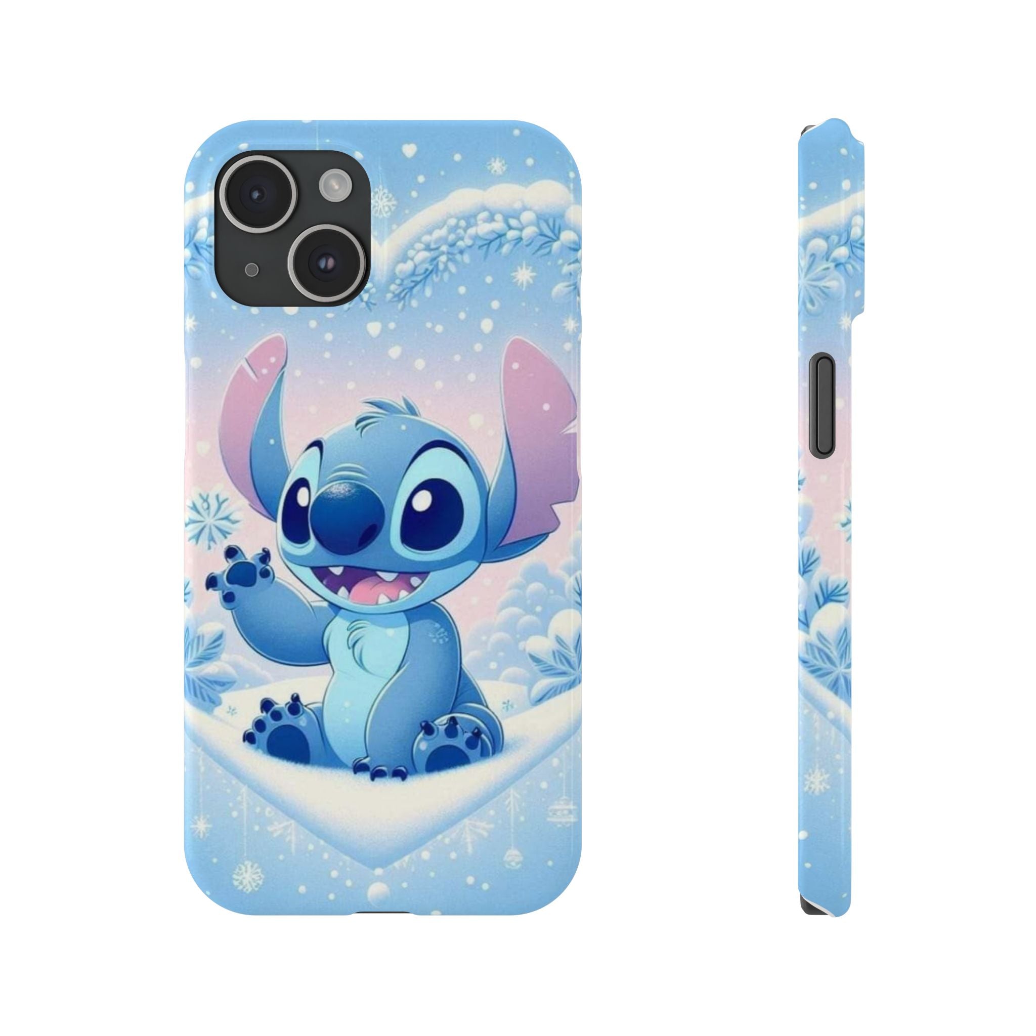 Cute Blue Alien Character Slim Phone Case | Snow Heart Pattern