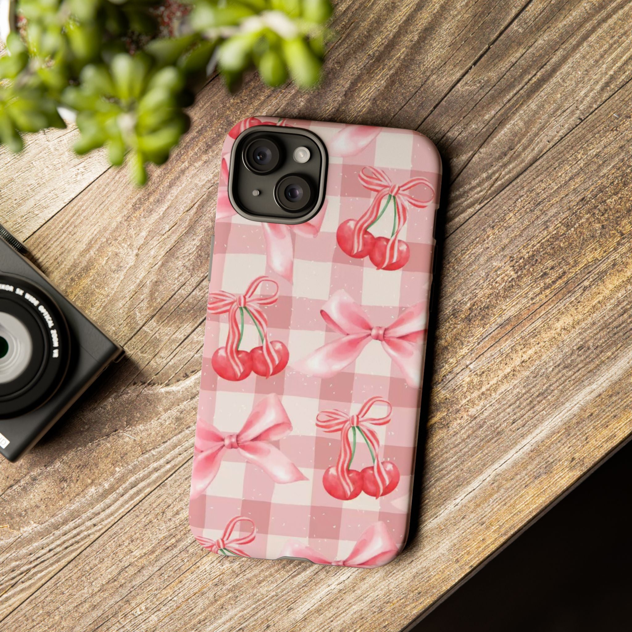 Pink Cherry Bow Phone Case — Cute Gingham Cherry Pattern