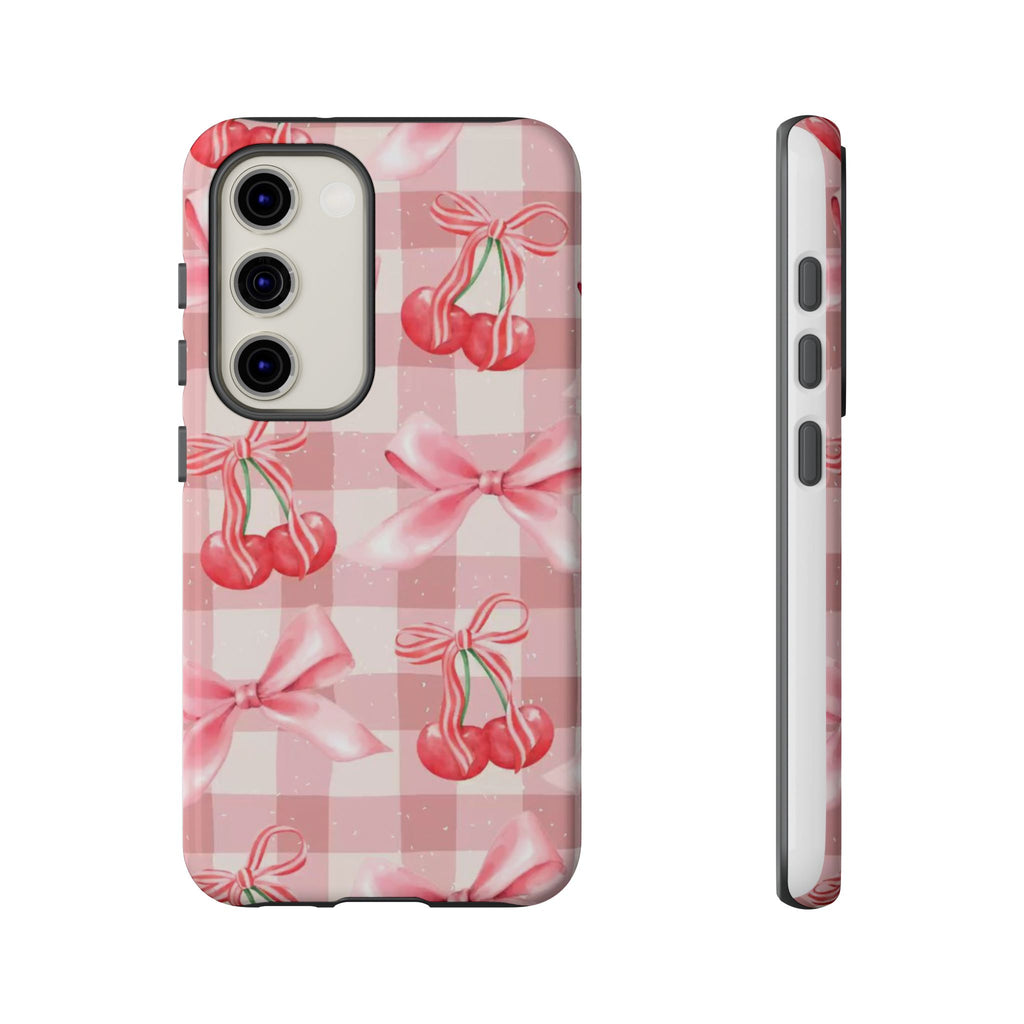 Pink Cherry Bow Phone Case — Cute Gingham Cherry Pattern
