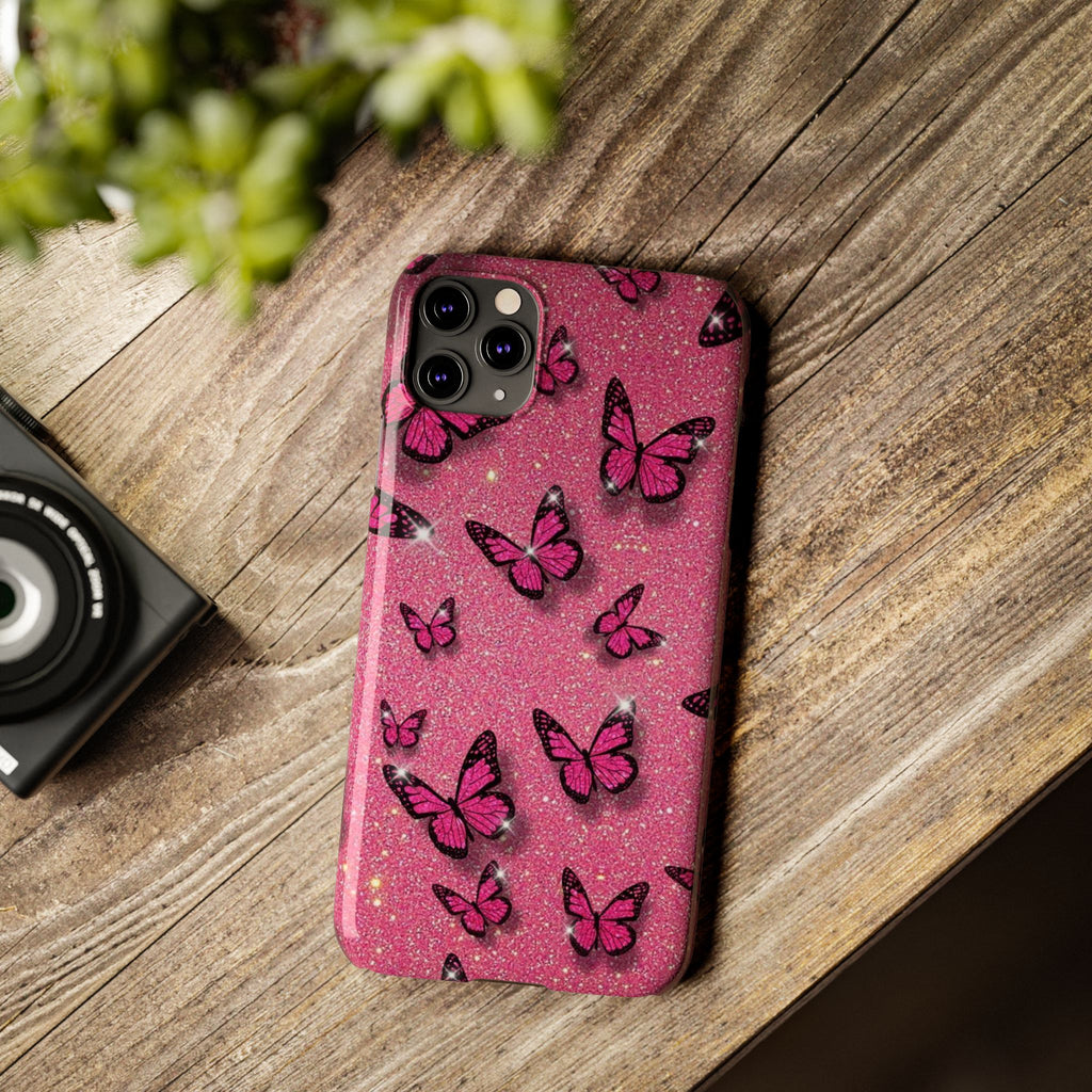 Pink Glitter Butterfly Slim Phone Case — Sparkle Galaxy Floral Phone Cover