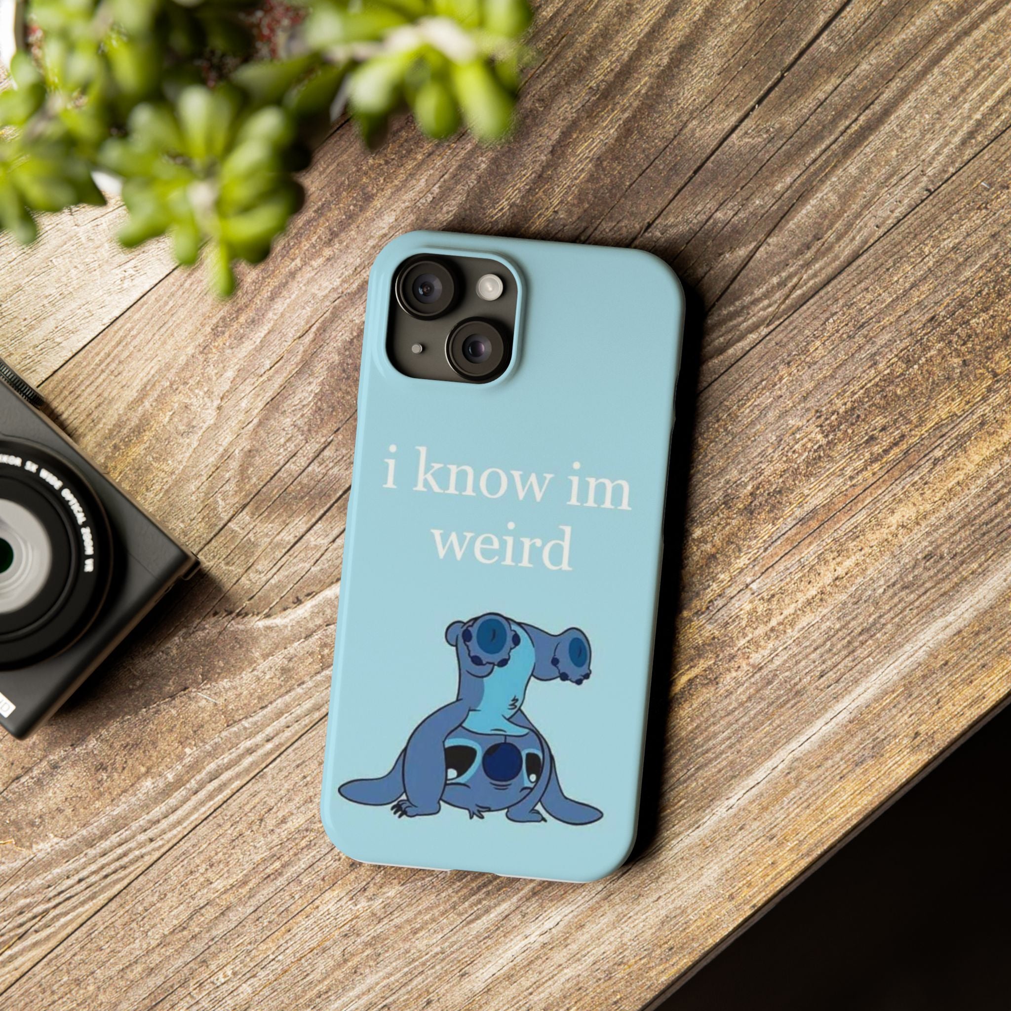 Slim Phone Case — Cute Blue Stitch Illustration with “i know im weird” Text