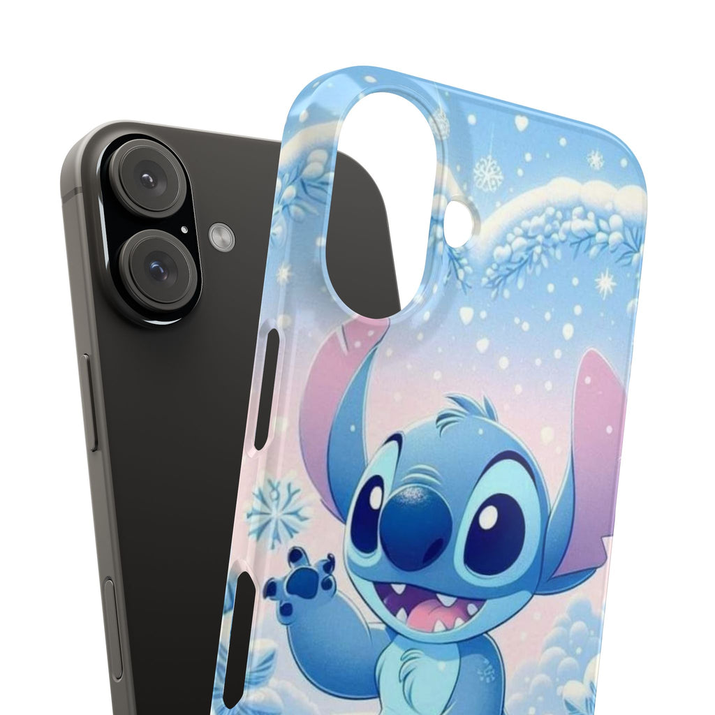 Cute Blue Alien Character Slim Phone Case | Snow Heart Pattern