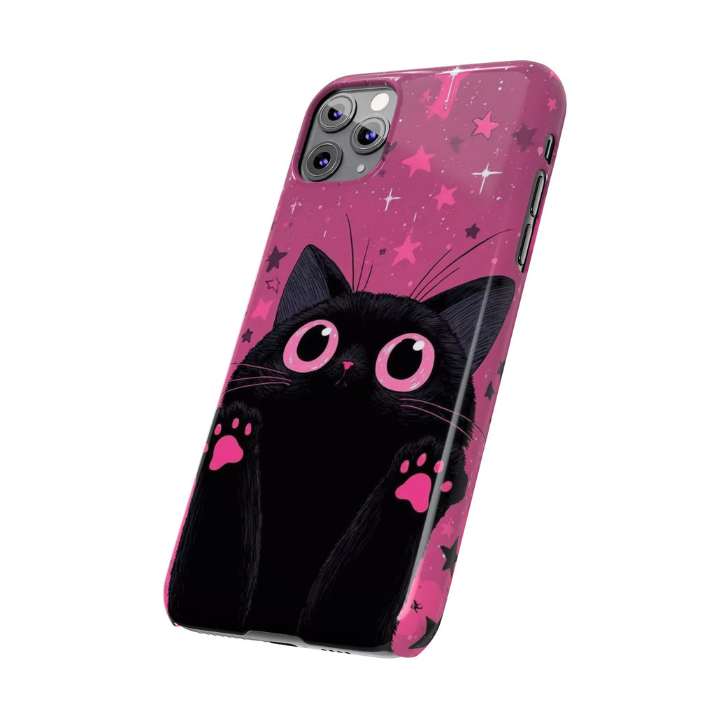 Cute Black Cat with Pink Paws Slim Phone Case | Starry Background