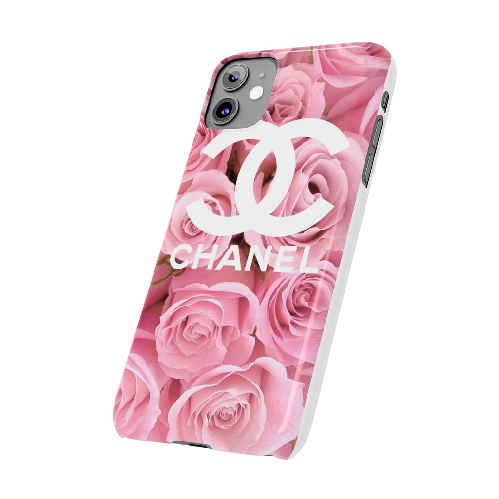Slim Phone Case — Pink Rose Floral Design with Luxury Logo