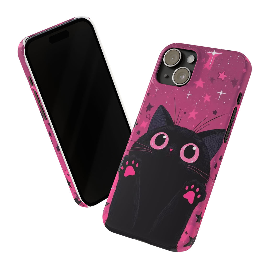 Cute Black Cat with Pink Paws Slim Phone Case | Starry Background