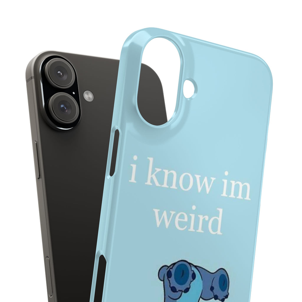 Slim Phone Case — Cute Blue Stitch Illustration with “i know im weird” Text
