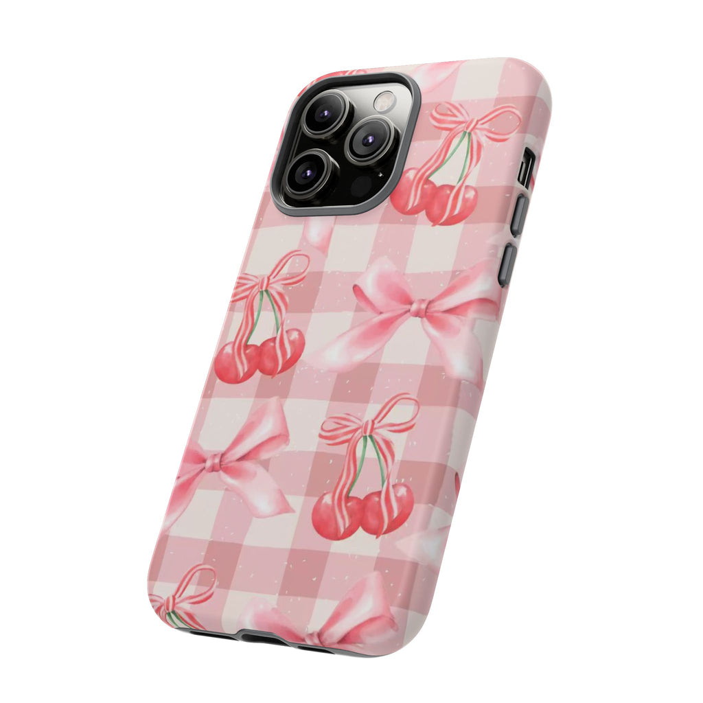 Pink Cherry Bow Phone Case — Cute Gingham Cherry Pattern