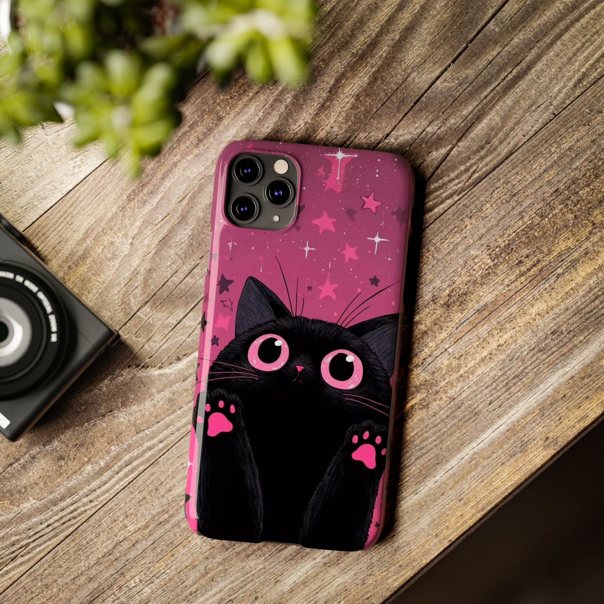 Cute Black Cat with Pink Paws Slim Phone Case | Starry Background