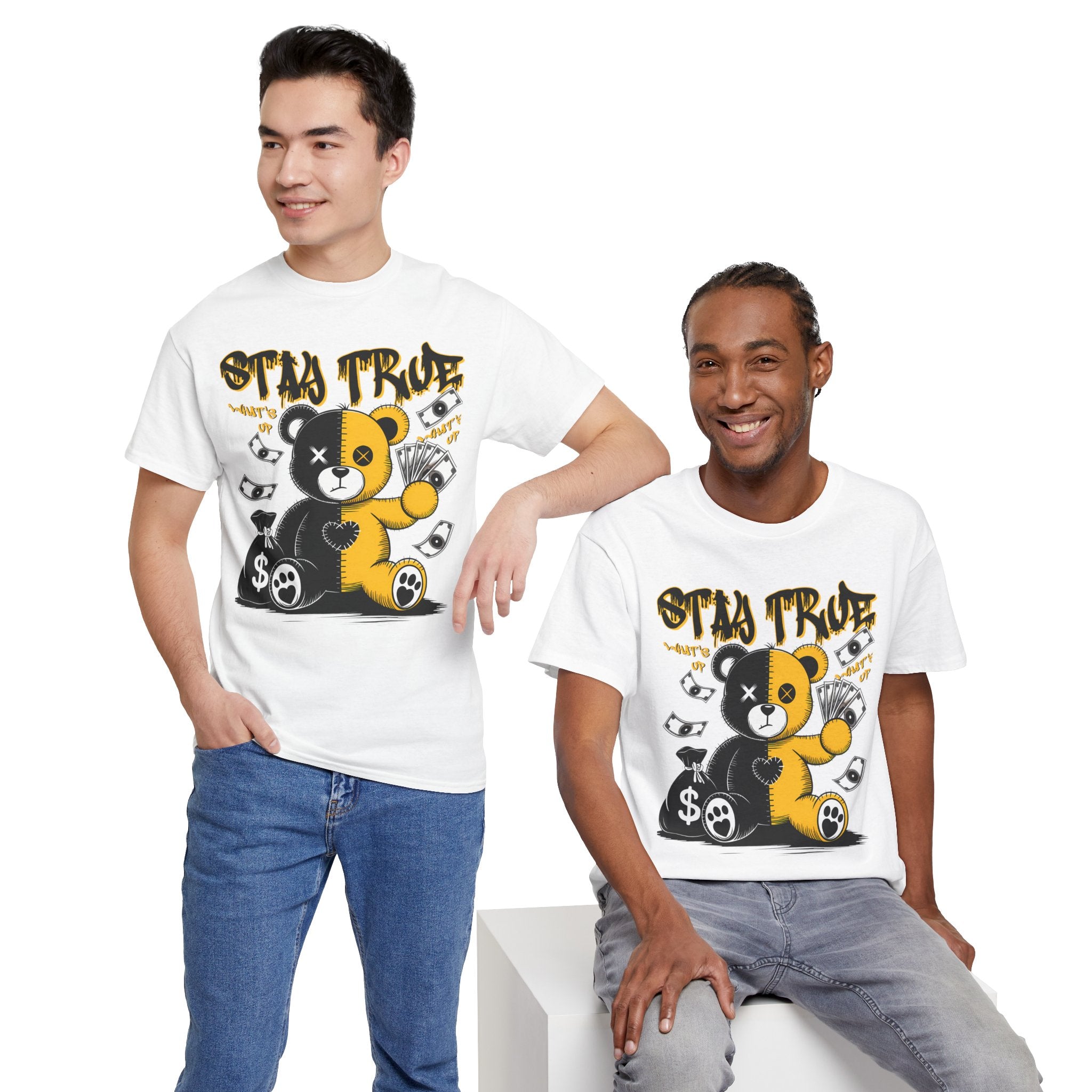 Stay True Bear Graphic Tee — Cute Black & Yellow Money Bear Shirt