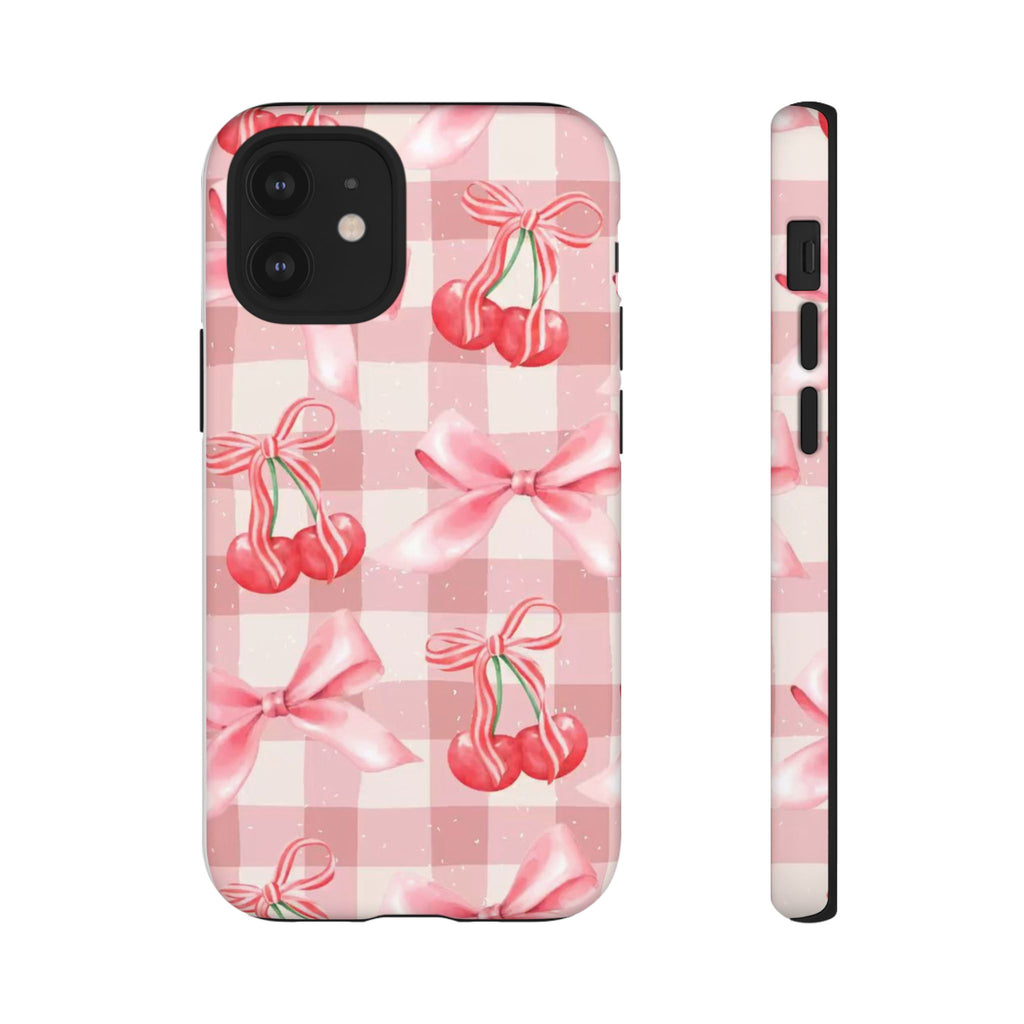 Pink Cherry Bow Phone Case — Cute Gingham Cherry Pattern