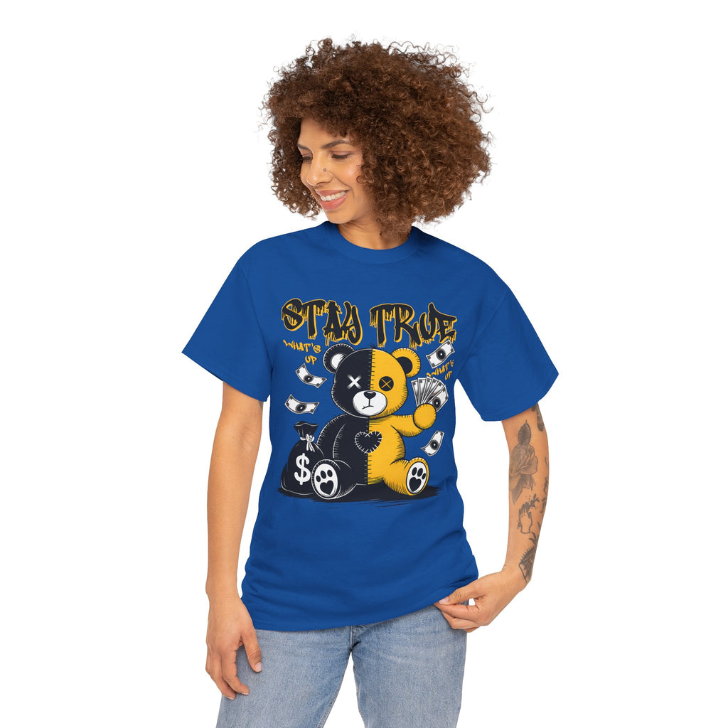 Stay True Bear Graphic Tee — Cute Black & Yellow Money Bear Shirt