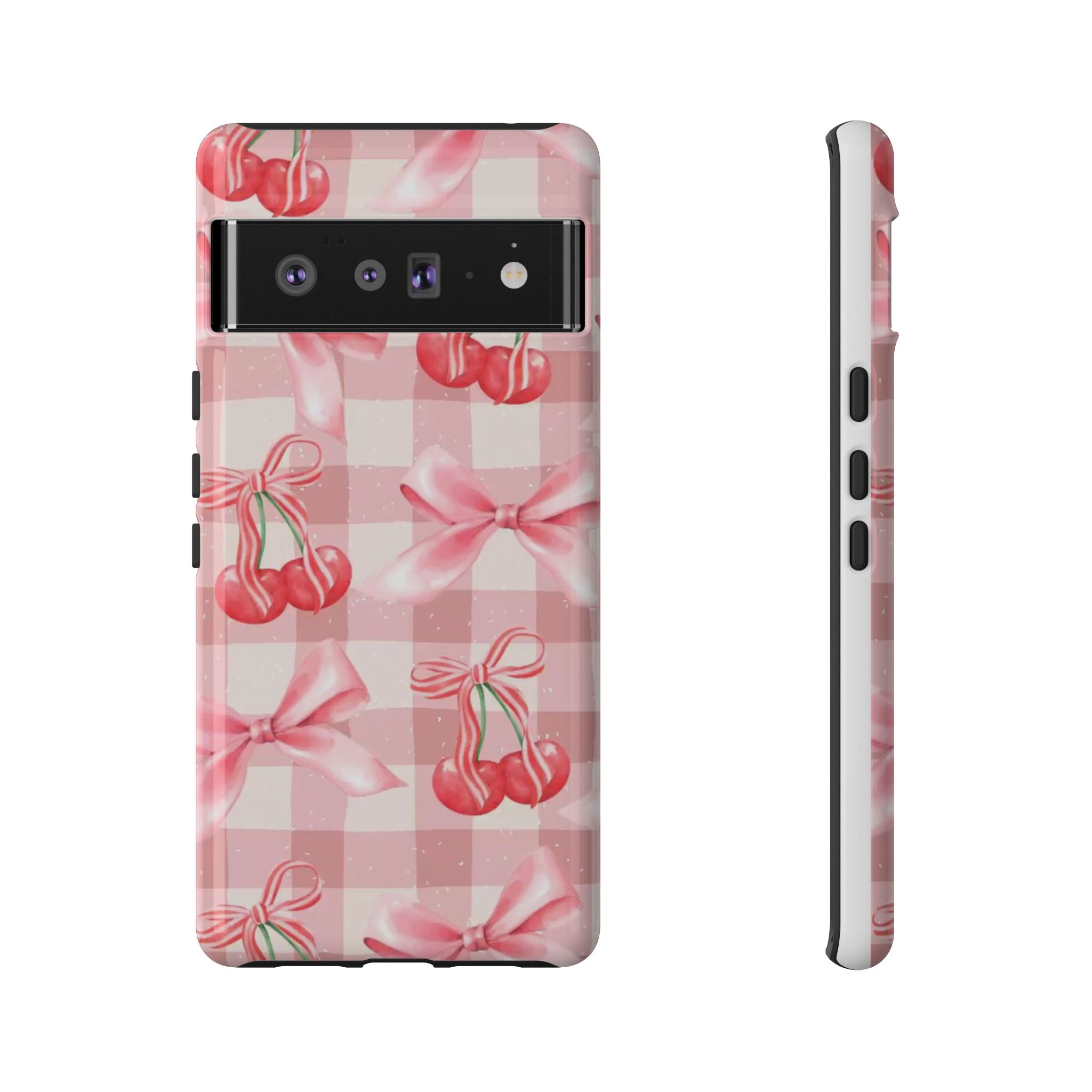 Pink Cherry Bow Phone Case — Cute Gingham Cherry Pattern