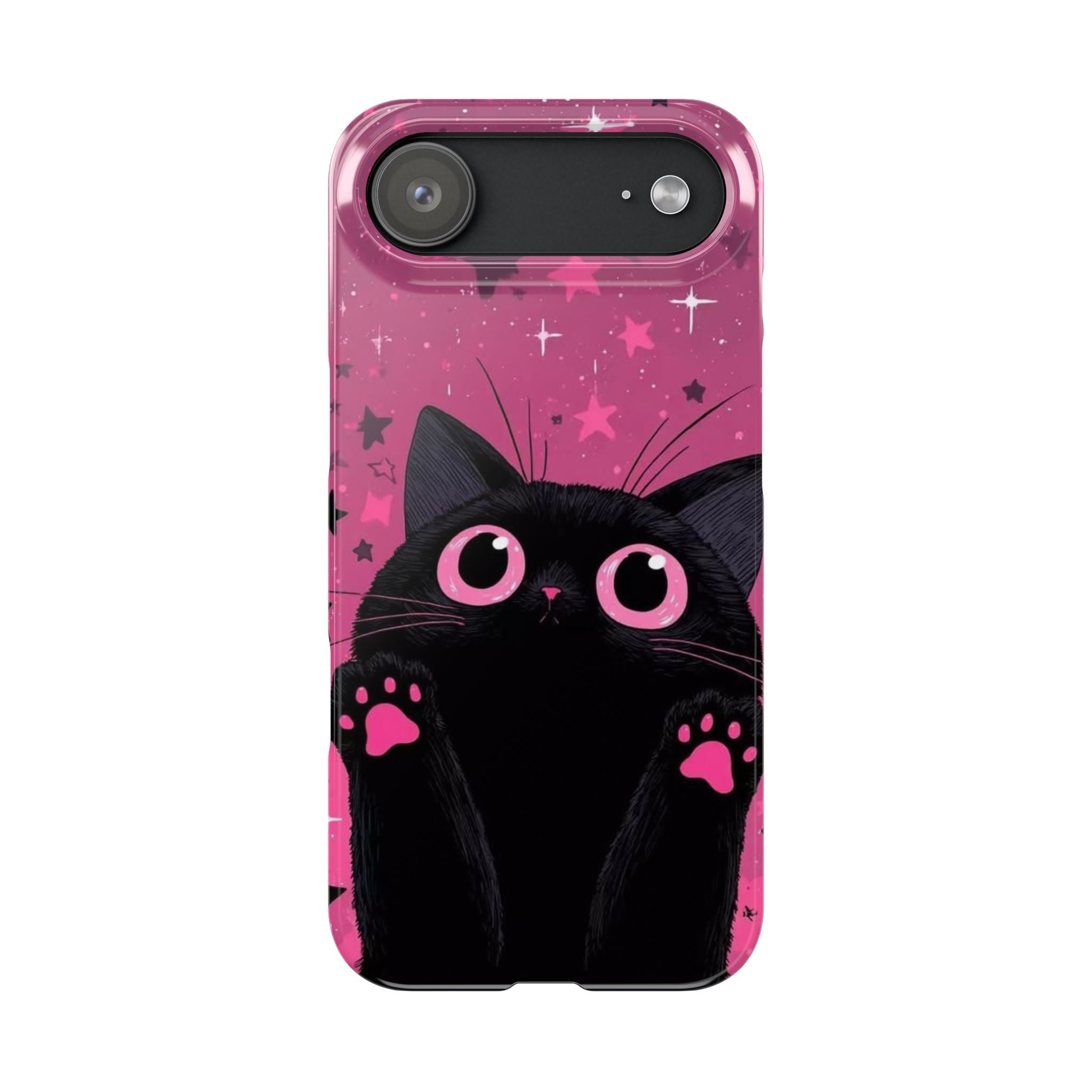 Cute Black Cat with Pink Paws Slim Phone Case | Starry Background