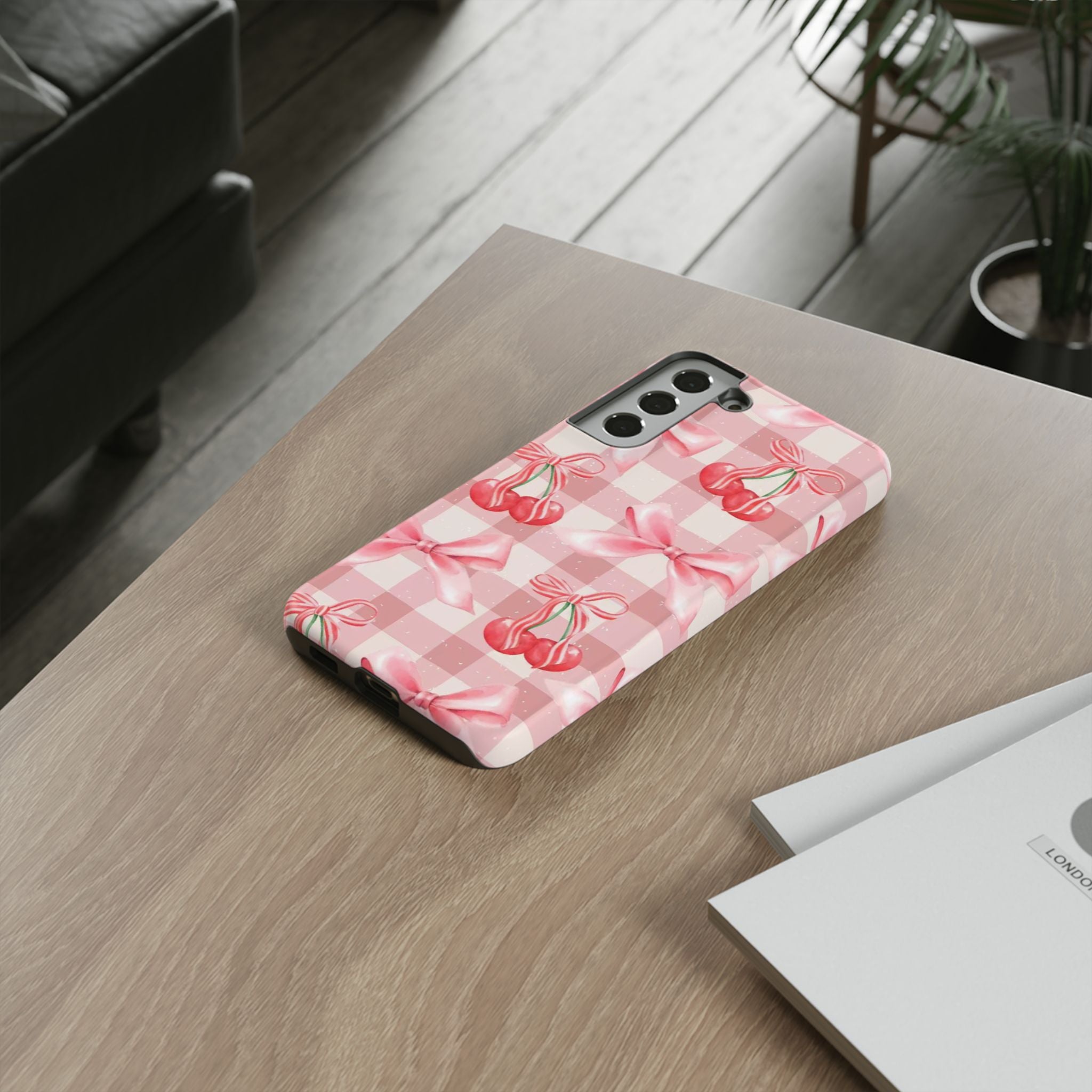Pink Cherry Bow Phone Case — Cute Gingham Cherry Pattern